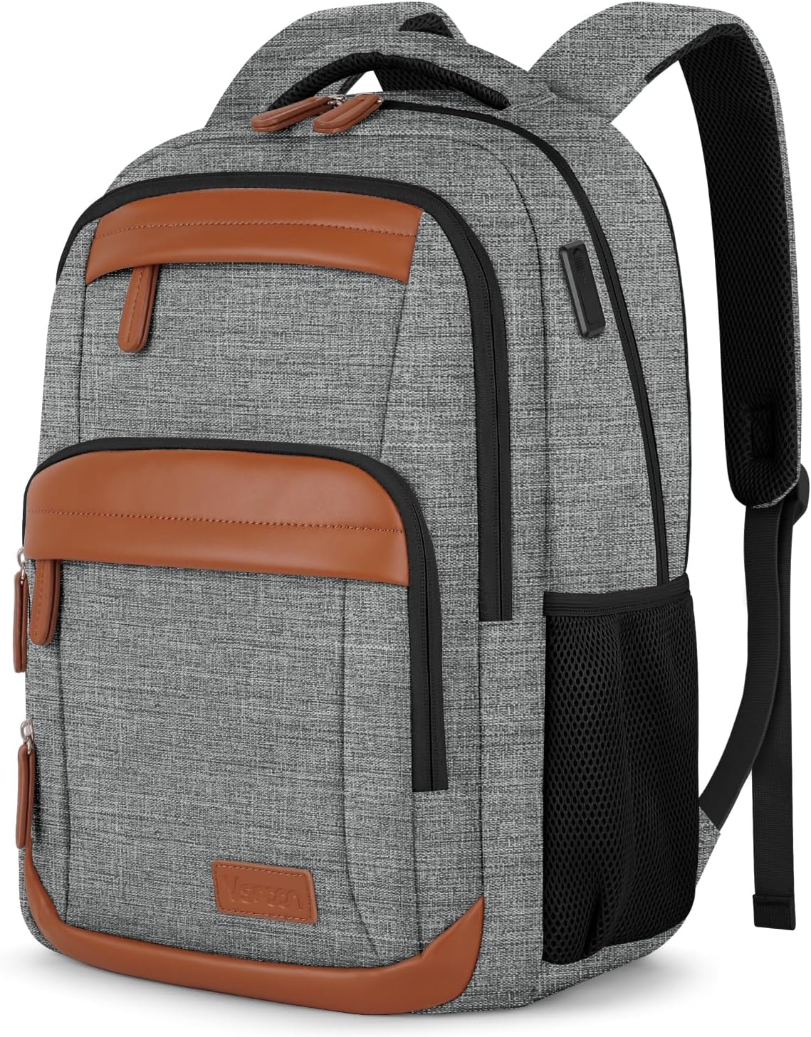 VSNOON Travel Laptop Backpack, 15.6 inch Work Bag School Laptop Bag with USB Charning Port, Water Resistant Laptop Rucksack for Men Women, Lightweight Business Backpack Mens, Gift, Grey Brown