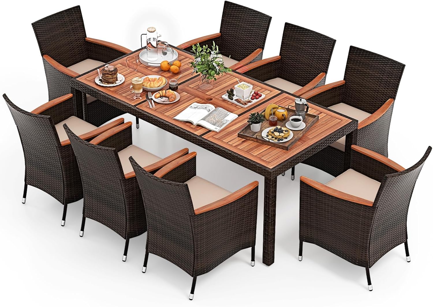 ORALNER 9 Pieces Outdoor Dining Set, Patio Wicker Dining Table and Chairs Set with Acacia Wood Table Top, Seat Cushions, Rattan Dining Table Set for 8, Garden Yard Poolside Deck (Beige)