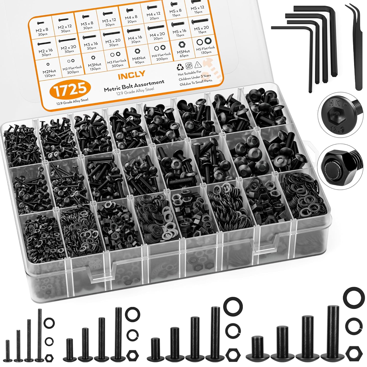 INCLY 1725PCS Nuts and Bolts Assortment Set, M2 M3 M4 M5 Metric Bolts and Nuts Kit with Lock and Flat Washers,Black Hex Socket Head Cap Alloy Steel Machine Screw Set with Wrench
