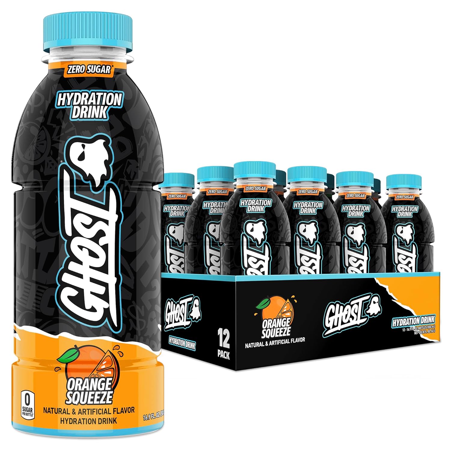 GHOST Hydration Drink, Orange Squeeze - RTD Sports Drink with Electrolytes, Natural Vitamins & Minerals - All Day Lifestyle Hydration Beverage - Zero Caffeine & Zero Sugars - 16.9 Fl Oz, 12 Pack