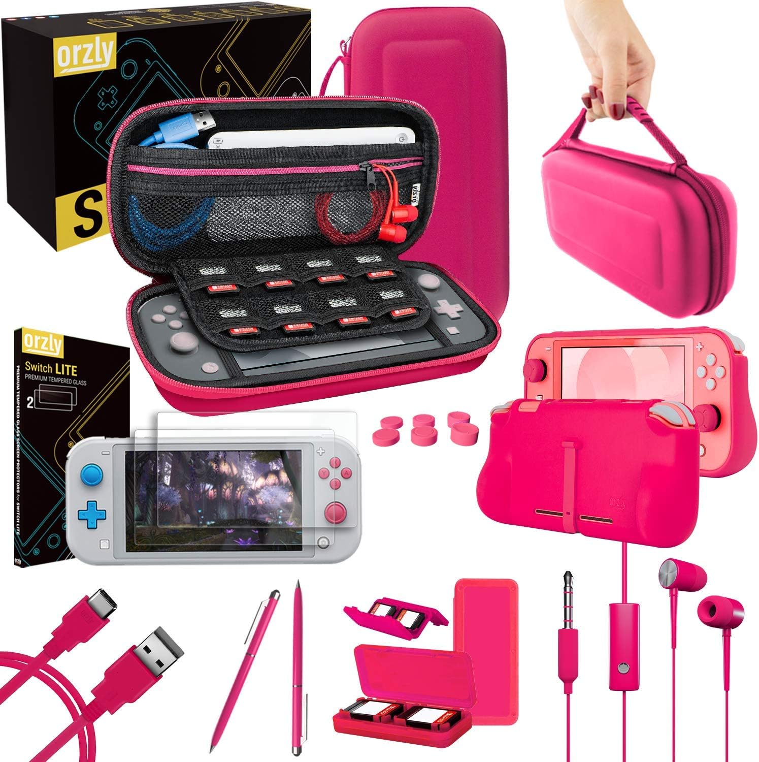 Orzly Switch Lite Accessories Bundle - Case & Screen Protector for Nintendo Switch Lite Console, USB Cable, Games Holder, Comfort Grip Case, Headphones, Thumb-Grip Pack & More - Pink