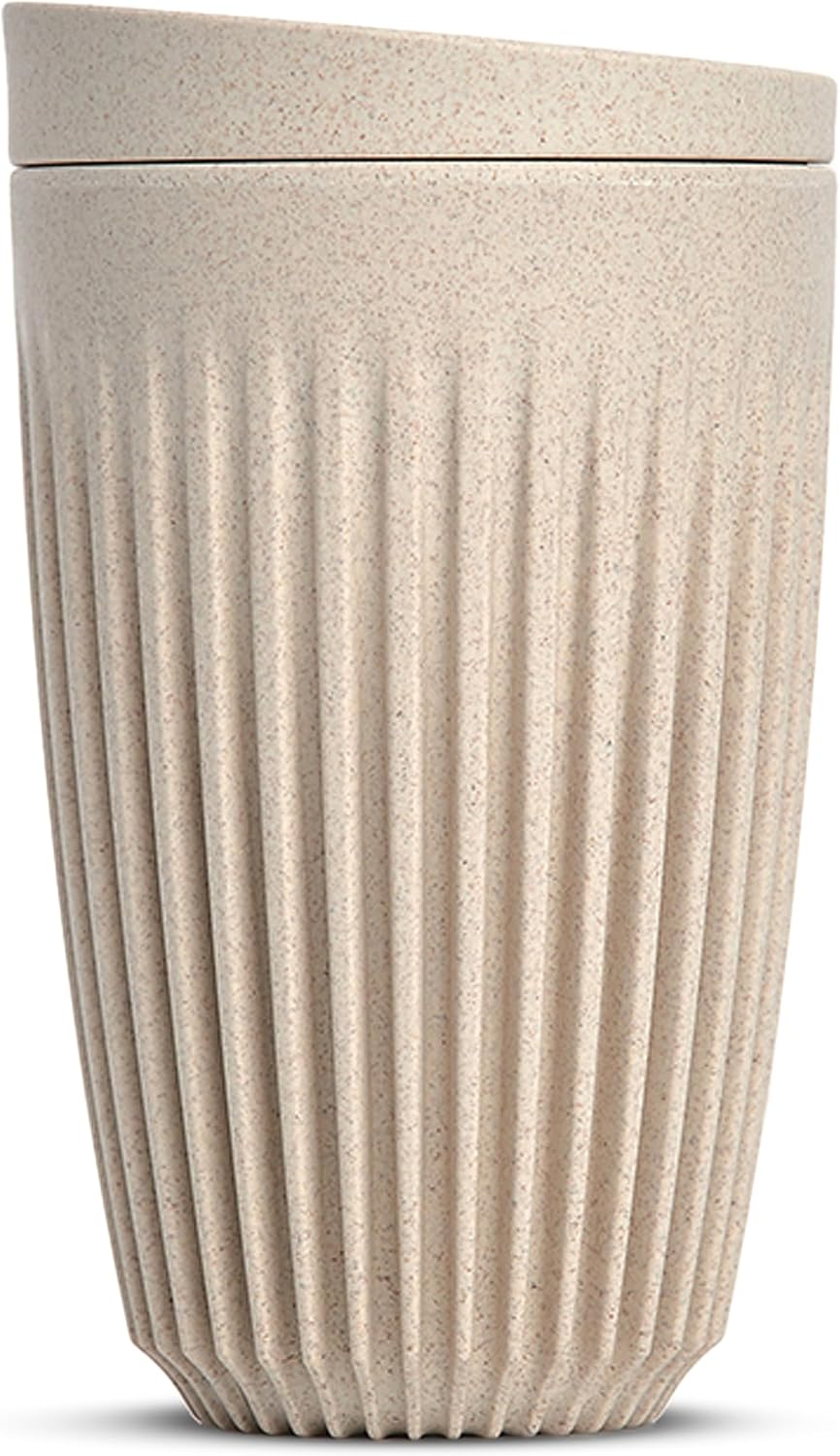 HUSKEE Coffee Cups with Lids - Reusable Coffee Cup with Unique Fins for Espresso, Cappuccino, Americano, Mocha - Insulated & Portable Latte Cups Made with Repurposed Coffee Husks (Natural, 12oz)