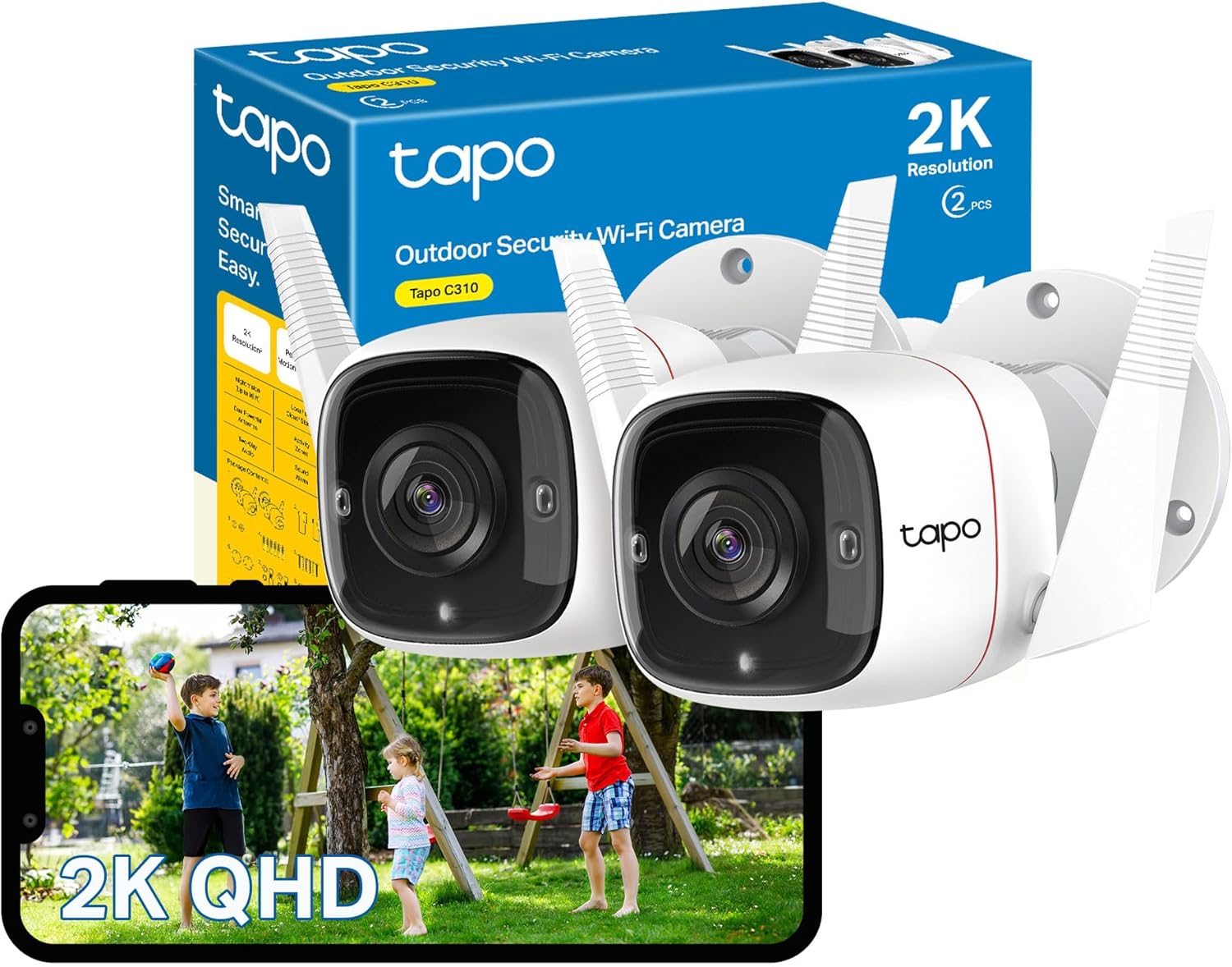 Tapo C310P2 2-Pack 2K Security Camera Outdoor Wired, Outdoor Camera No Monthly Fee, AI Detection, Advanced Night Vision, Two-Way Talk, IP66 Weatherproof, Works with Alexa & Google