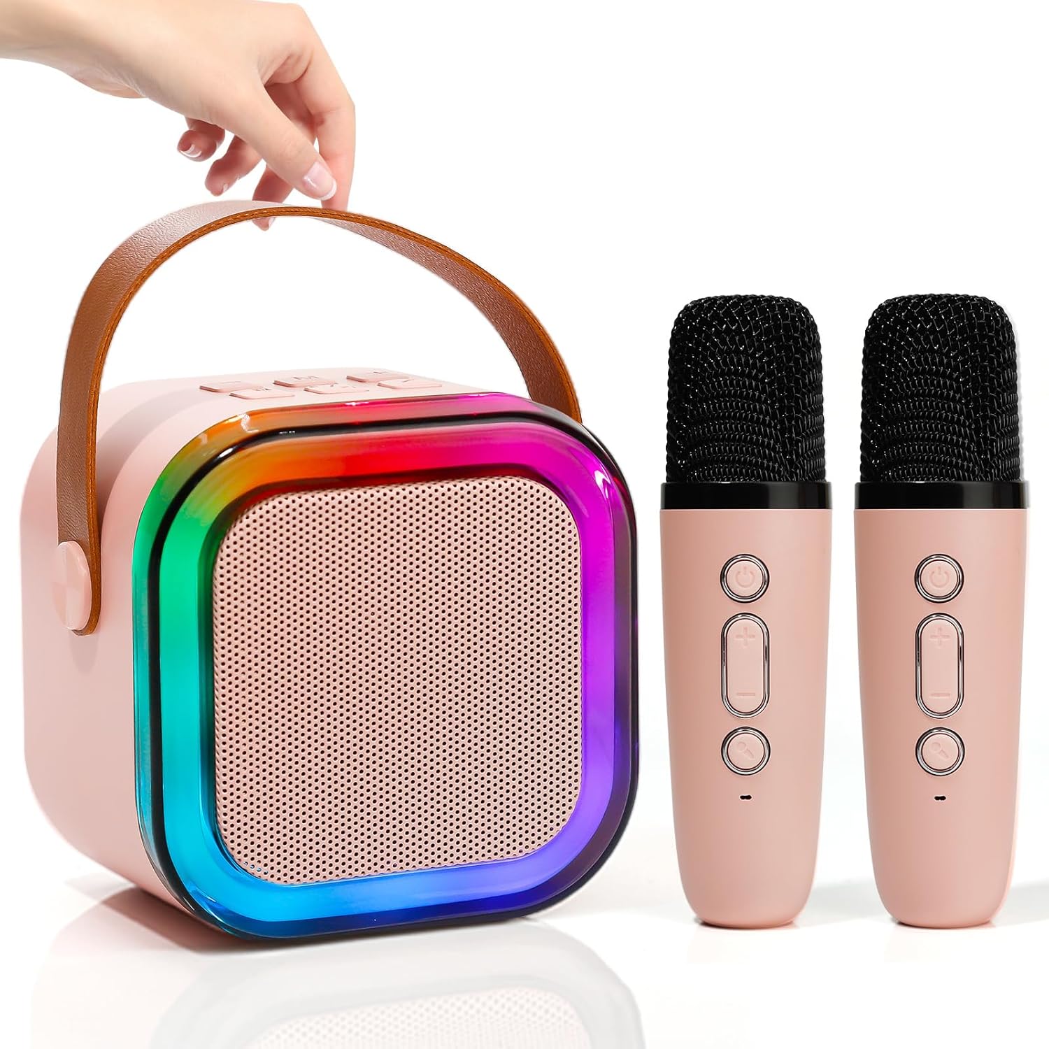 Mini Karaoke Machine for Kids Adults with 2 Wireless Microphones, Portable Singing Machine for Ages 3,4,5,6,7,8,9,10,11,12+ Years Old Girl Birthday Gift, Karaoke Speaker, Family,Home Party (Pink)