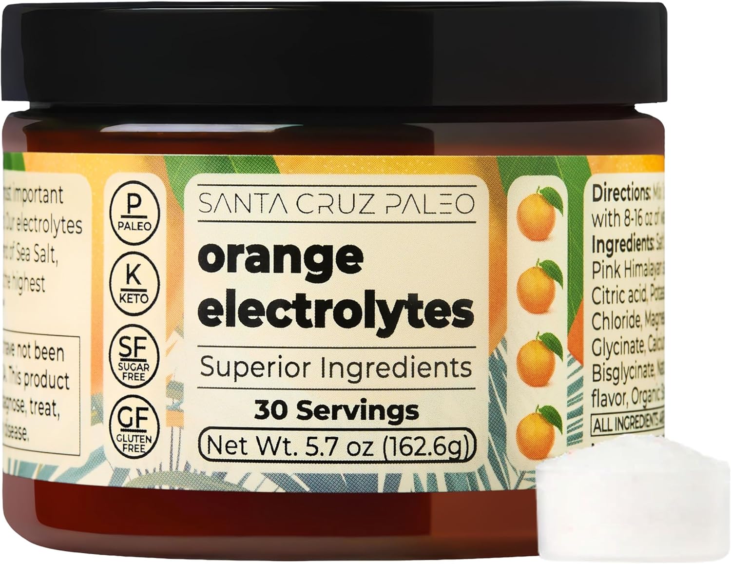Santa Cruz Paleo Electrolyte Powder, Orange Flavor, Sugar Free Hydration Drink Mix with Himalayan Pink Salt, Sea Salt, Magnesium Glycinate, Potassium Chloride, Sweetened with Stevia, 30 Servings