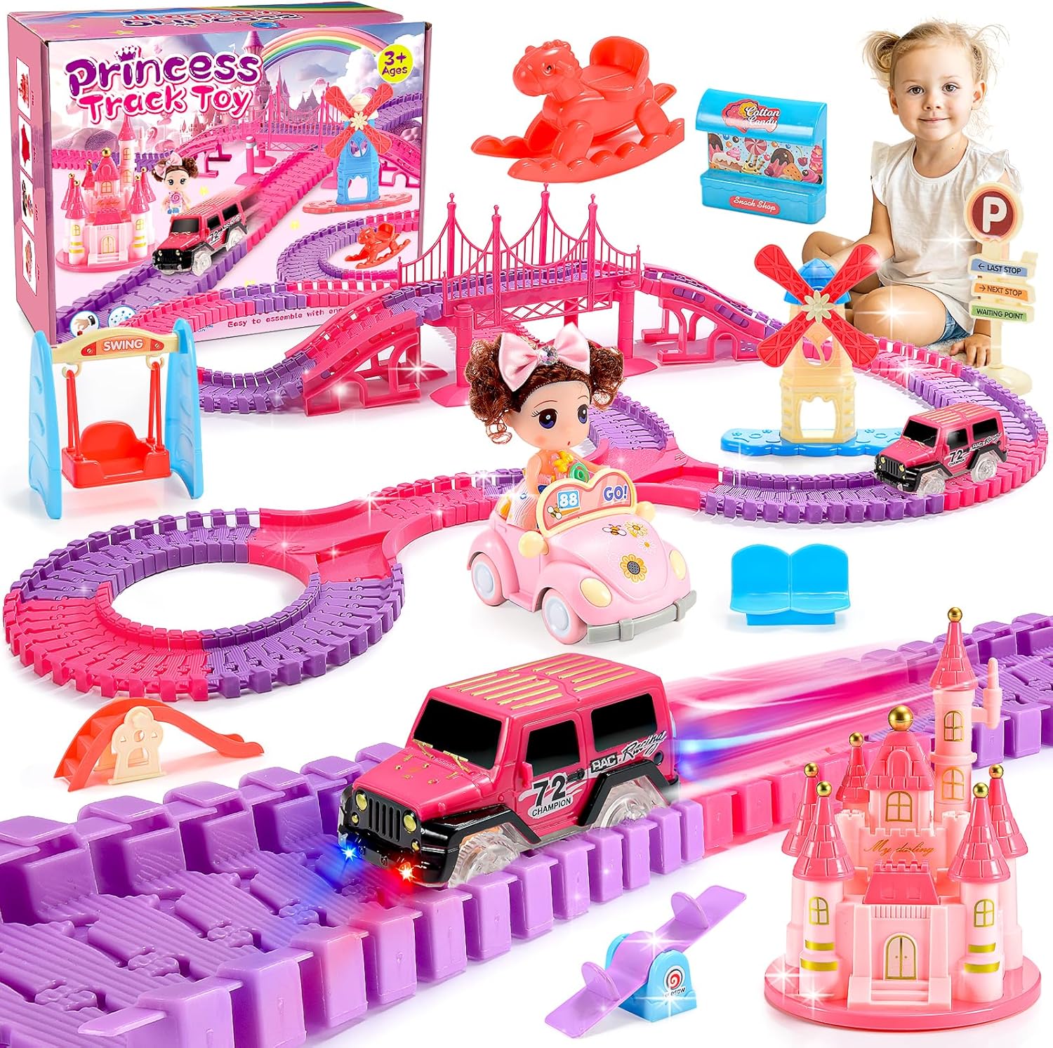 Tragik Track Toys for Kids, Princess Construction Toys for Girls - Race Tracks & Cars Gift Set for Age 3+