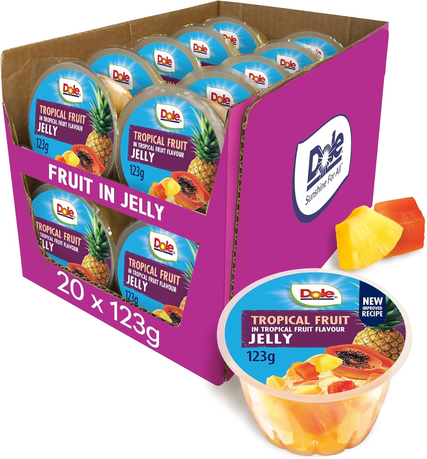 Dole Tropical Fruit in Jelly Fruit Pots 20 x 123g, Assorted Fruits, Healthy Snack, No Added Sugar Fruit Cocktail Bowls, Perfect for Breakfast & Dessert or Adding to Recipes