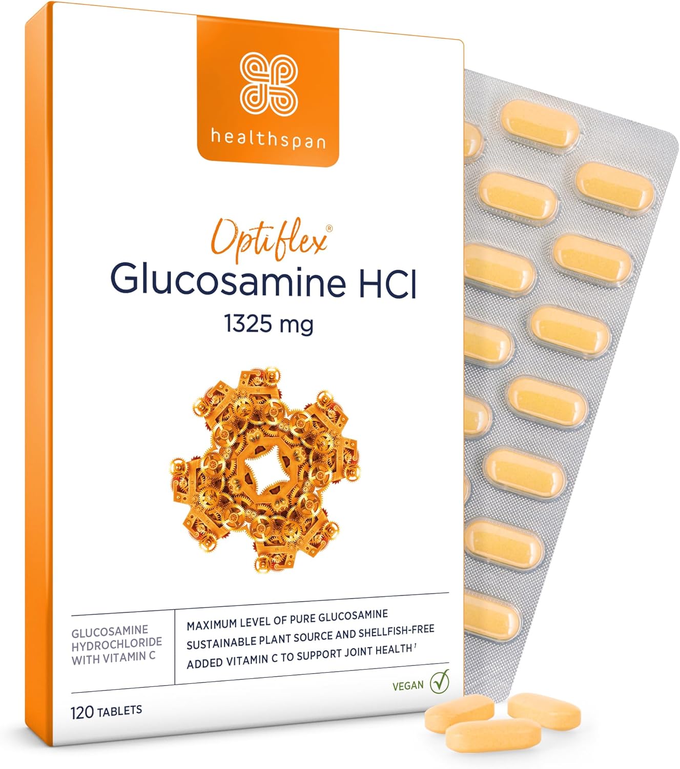 Healthspan Optiflex Glucosamine HCI 1,325mg with Vitamin C | Shellfish Free Vegan Tablets for Joint Health | 40% More glucosamine Than Glucosamine Sulphate | Added Vitamin C (120 Tablets)