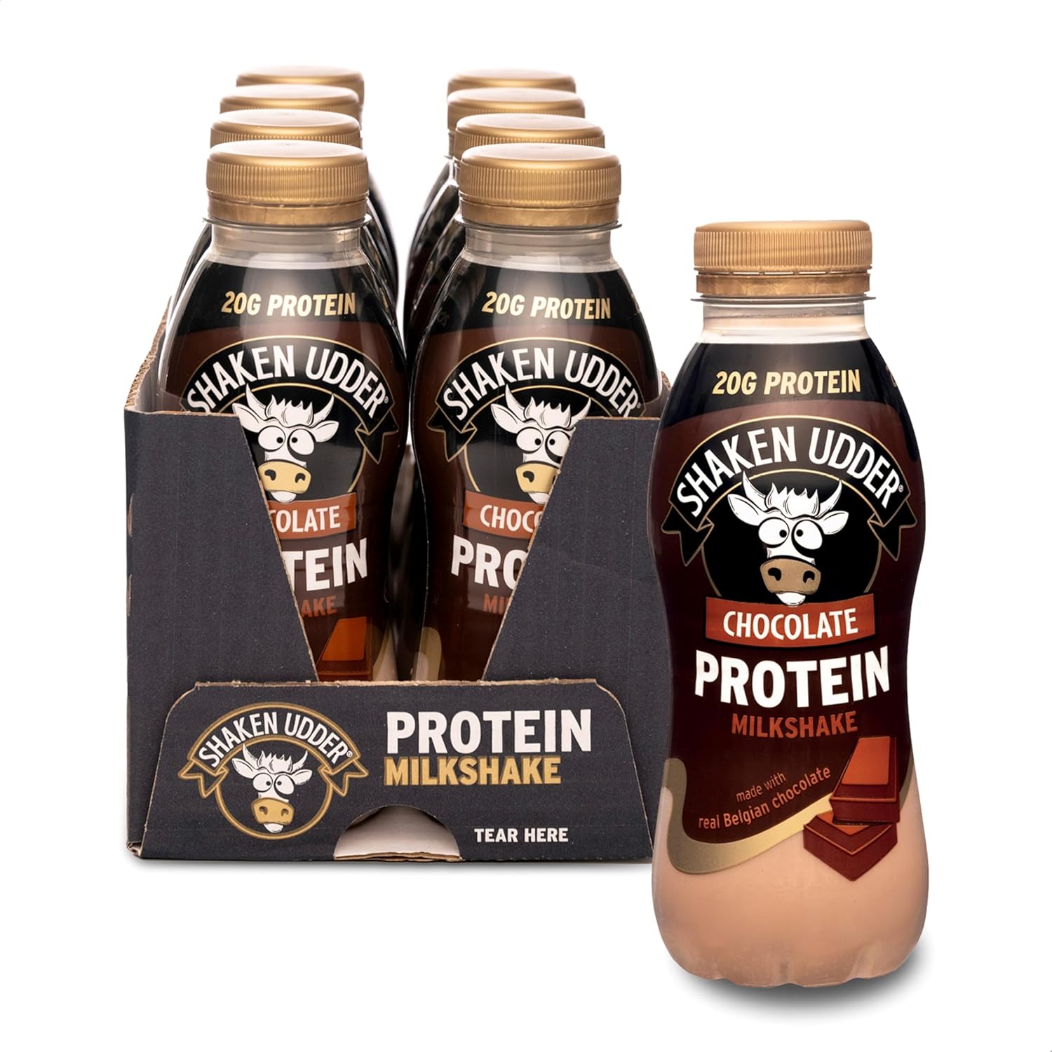 Shaken Udder Chocolate Protein Milkshake,8 x 330ml,Made with Real Belgian Chocolate,High Protein & Calcium,Less Than 5% Added Sugar,Vegetarian & Gluten-Free