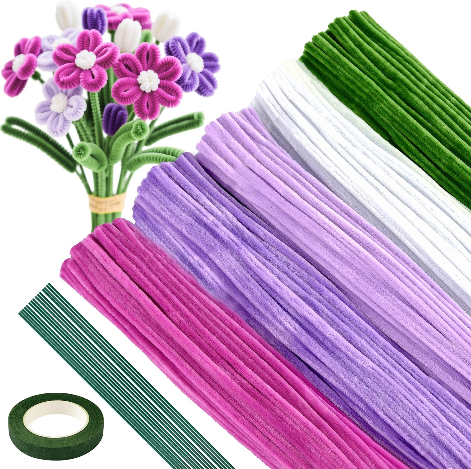 ASTARON 521 Pcs Pipe Cleaners Craft Set, 5 Colors Pipe Cleaners Bulk Pastel Chenille Stems for Craft Pipe Cleaner Flowers Making Kit with Floral Wires, Gardening Tape (Purple Series)