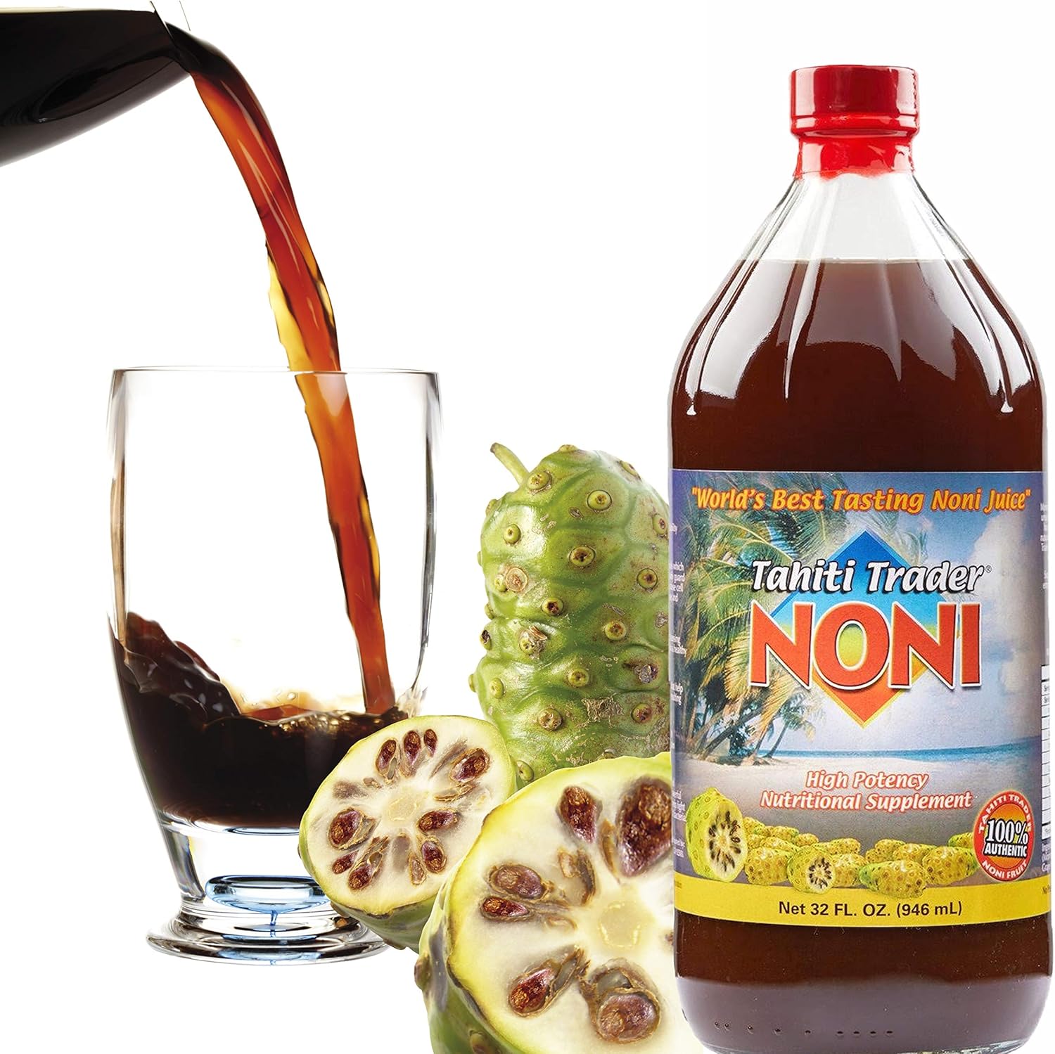 Tahiti Trader Original High Potency Noni Juice - Pure Noni Fruit Juice with Blueberry & Raspberry - Organic Antioxidant Superfood Supporting Energy & Body Health - (32oz, 1 Pack)