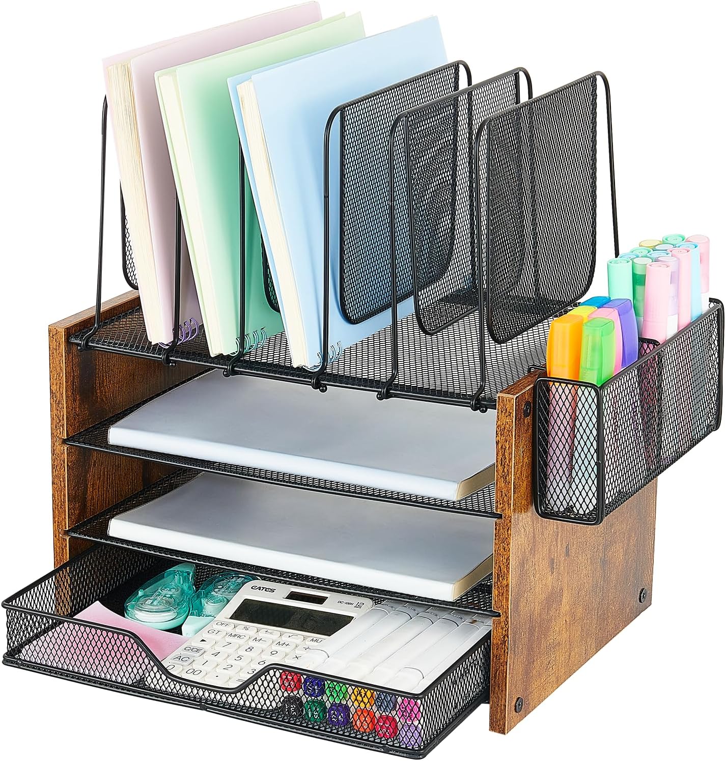 Wood Desk Organizers and Accessories with Drawer, 3-Tier Desk Accessories & Workspace Organizers，Paper Organizer with 5 Vertical File Organizer & Pen Holder for Office Supplies