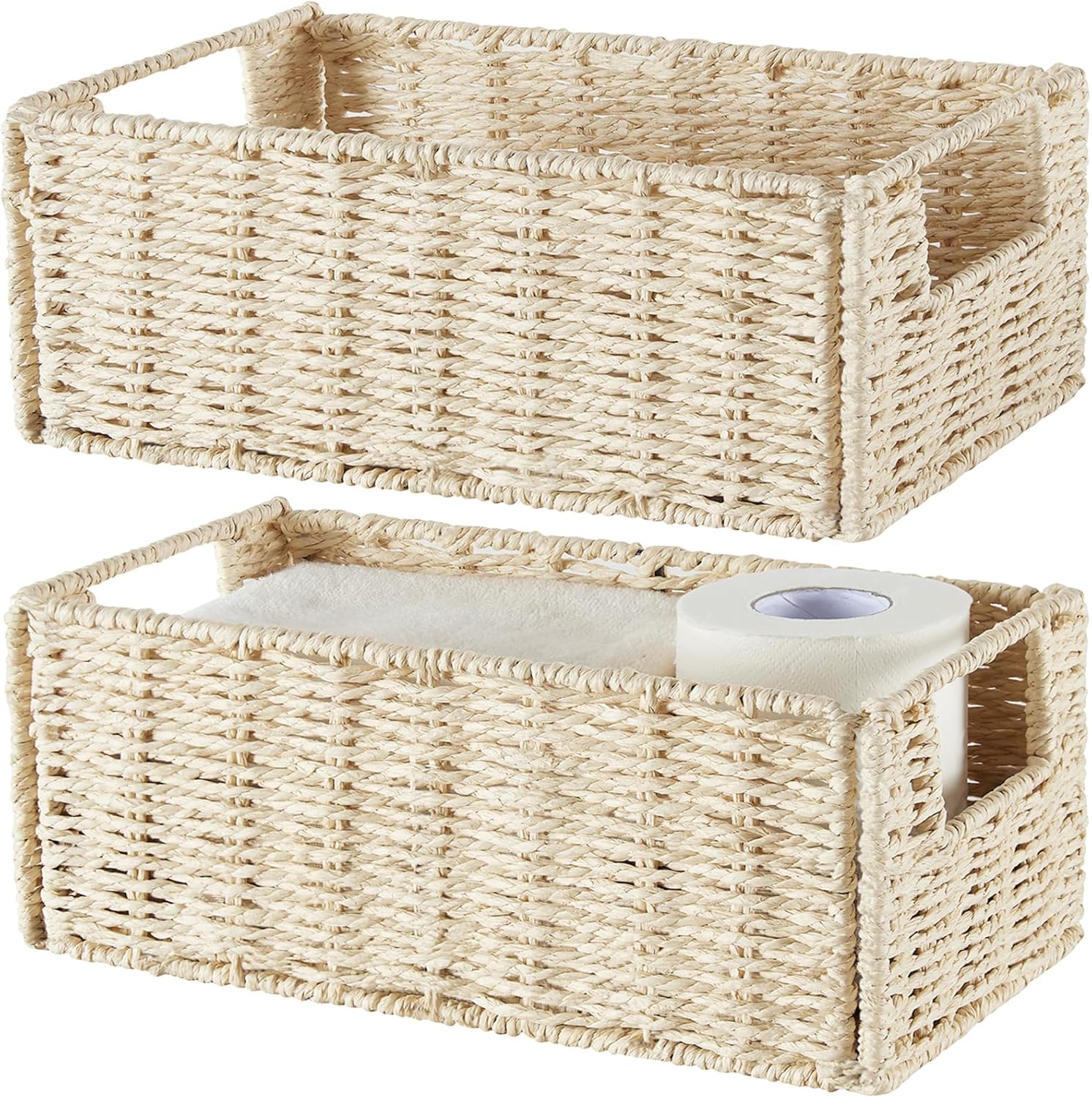 Vagusicc Wicker Storage Basket, Set of 2 Hand-Woven Paper Rope Wicker Basket, Small Storage Baskets for Organizing Toilet Paper Basket, Foldable Large Cube Storage Organizer Bins for Shelves (Beige)