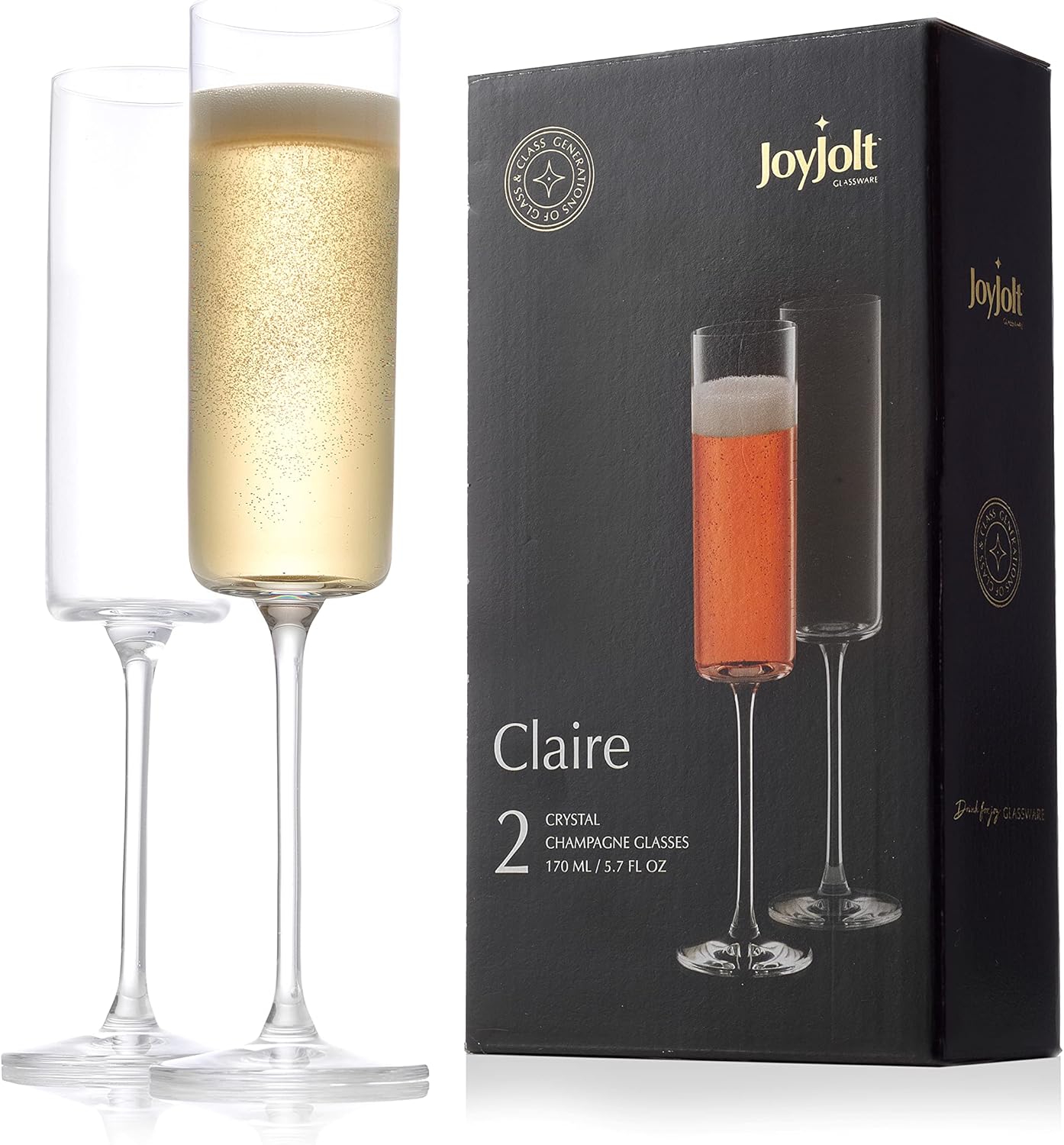 JoyJolt Champagne Flutes, Claire Collection Crystal Champagne Glasses Set of 2, 5.7 Ounce Capacity, Exquisite Craftsmanship, Ideal for Home Bar, Special Occasions – Made in Europe