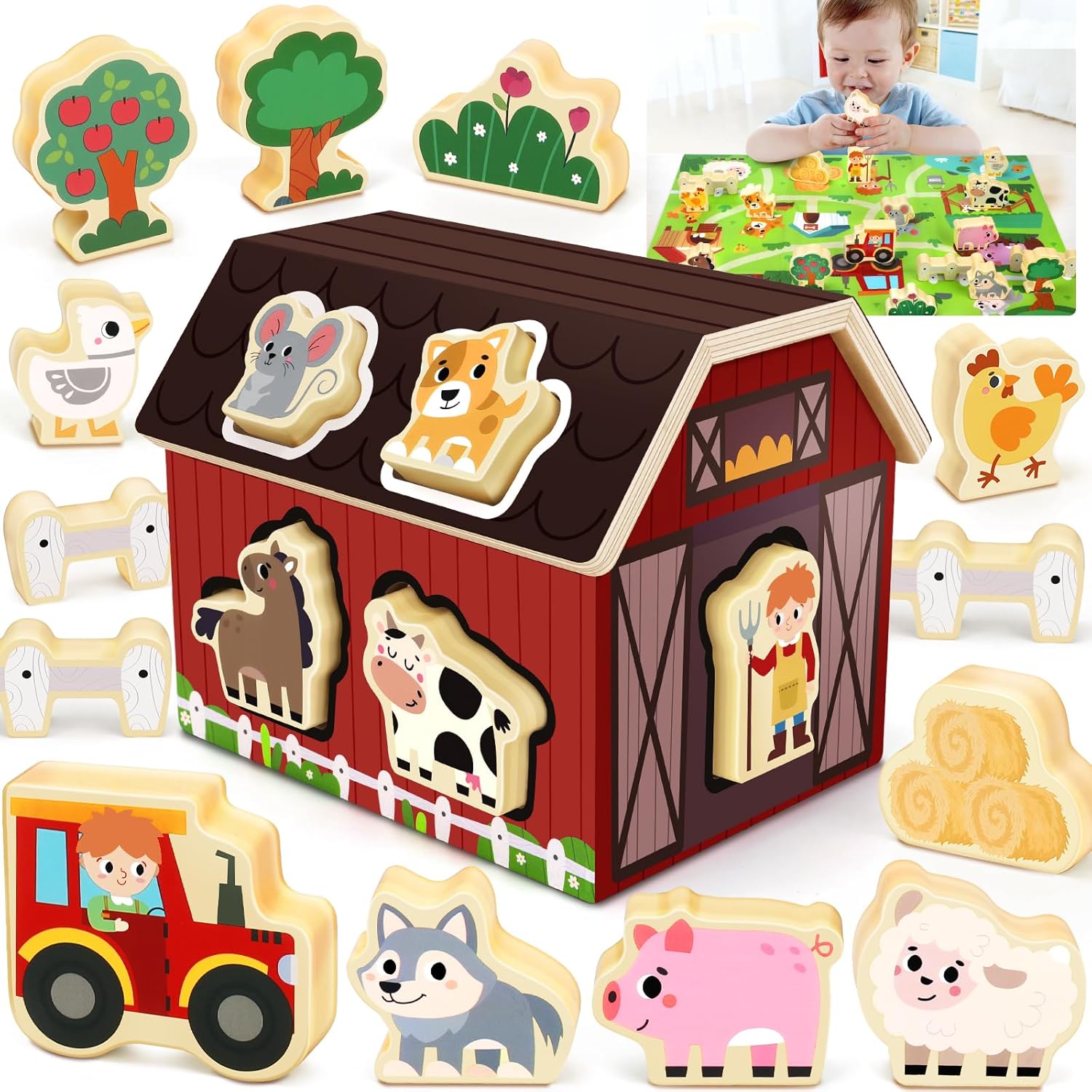 Wooden Farm Animals Toy for Toddler: Montessori STEM Learning Activity Toy for 2-5 Year Olds Boys - Sorting & Stacking Sensory Educational Shape Sorter - Gift for Kids Ages 2 3 4 Birthday Gift