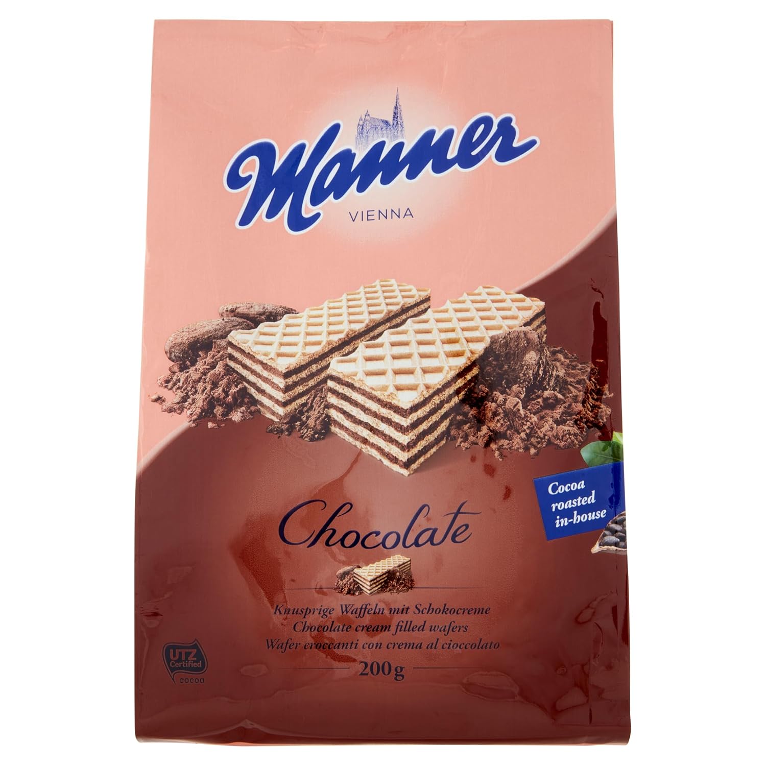 Manner Chocolate Cream Filled Wafers – Delicious Austrian Wafers, Perfect Snack for Busy Families | 200g Bag | Ideal for Home, Office, and On-the-Go | 100% Natural Ingredients