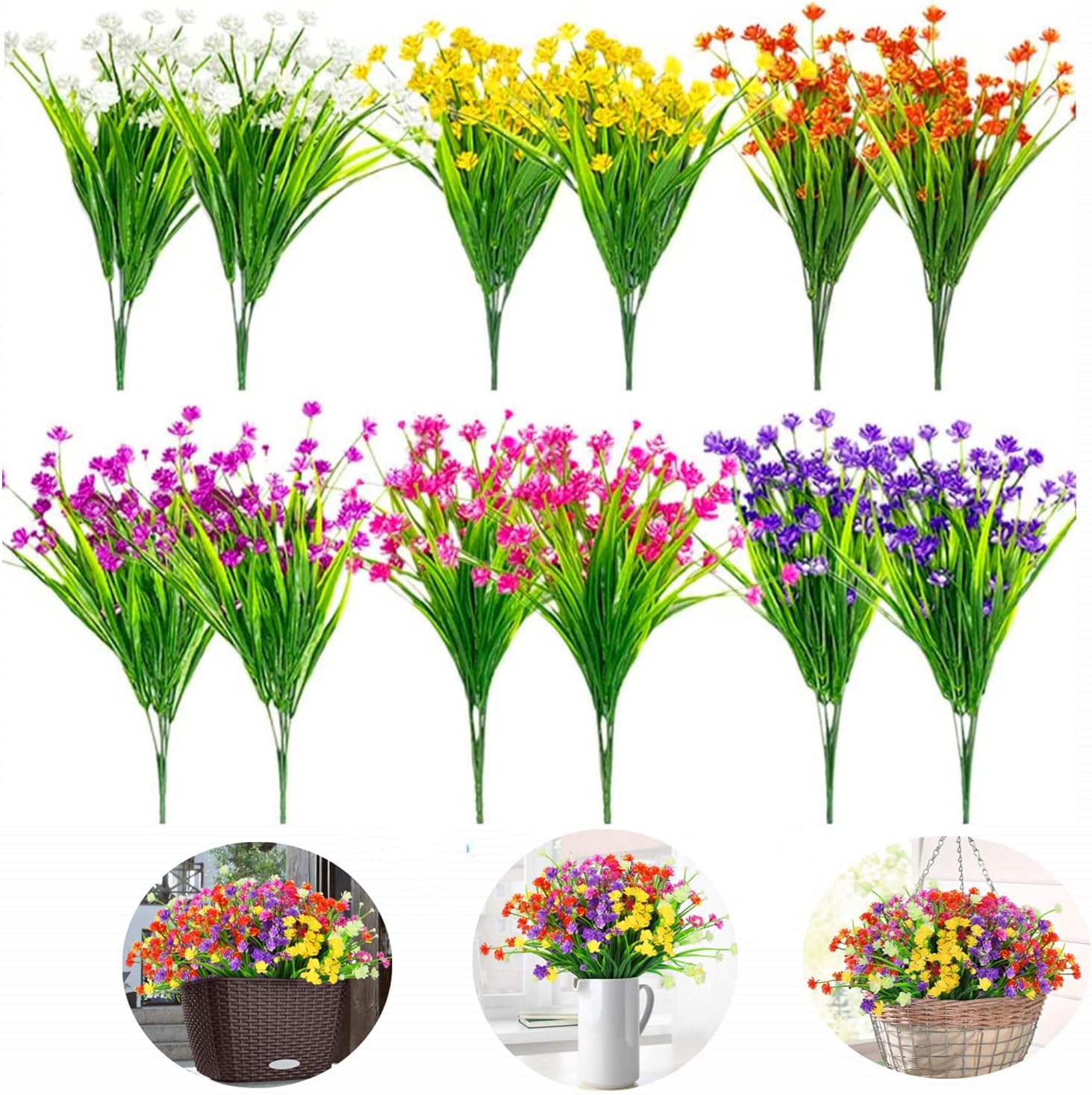 Siganorpy 12 Bundles of 6 Colors Artificial Flowers Outdoor UV Resistant Shrubs Plants for Hanging Planter Home Wedding Porch Window Decor
