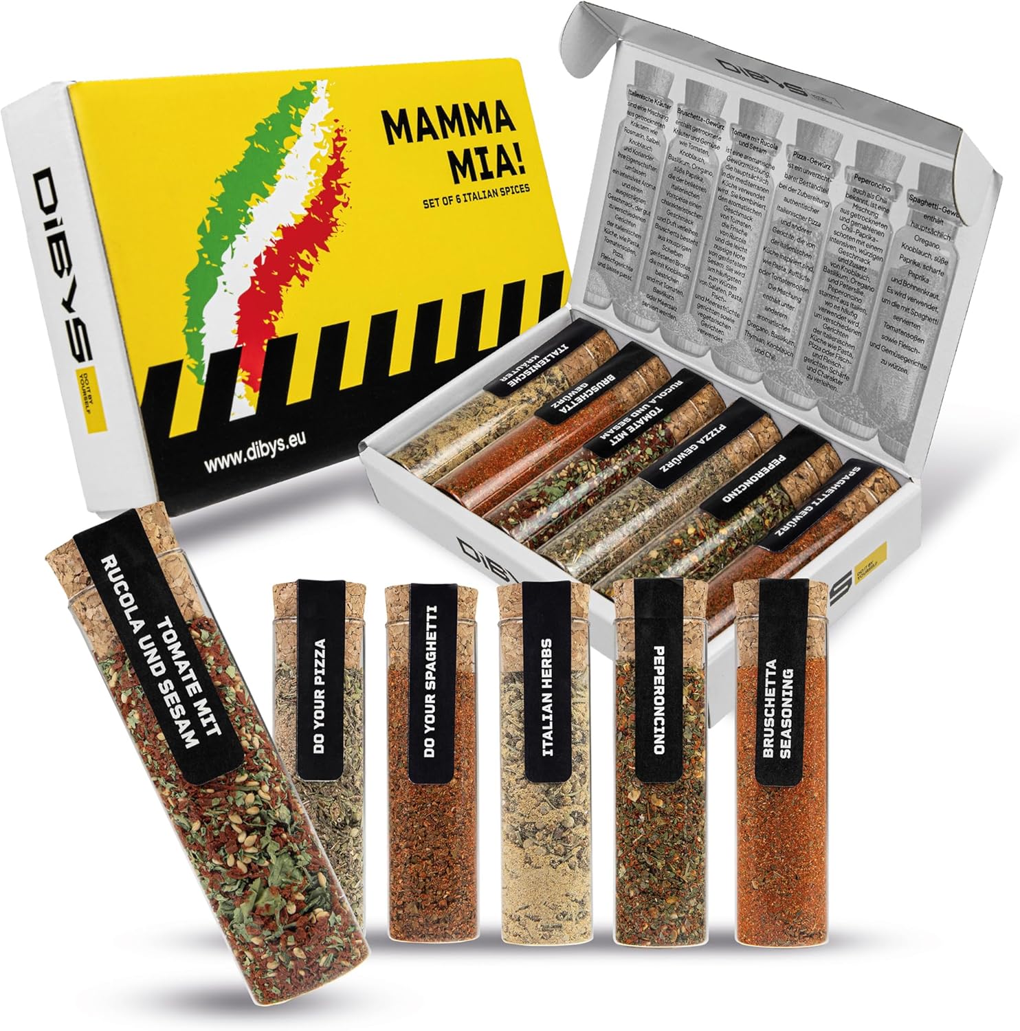 DIBYS Mamma MIA! Italian Seasoning & Spices Gift Set | 6 Authentic Spice Blends with Recipes | Italian Herbs, Pizza Seasoning, Spaghetti Seasoning & More | Gourmet Cooking Gifts for Men & Women