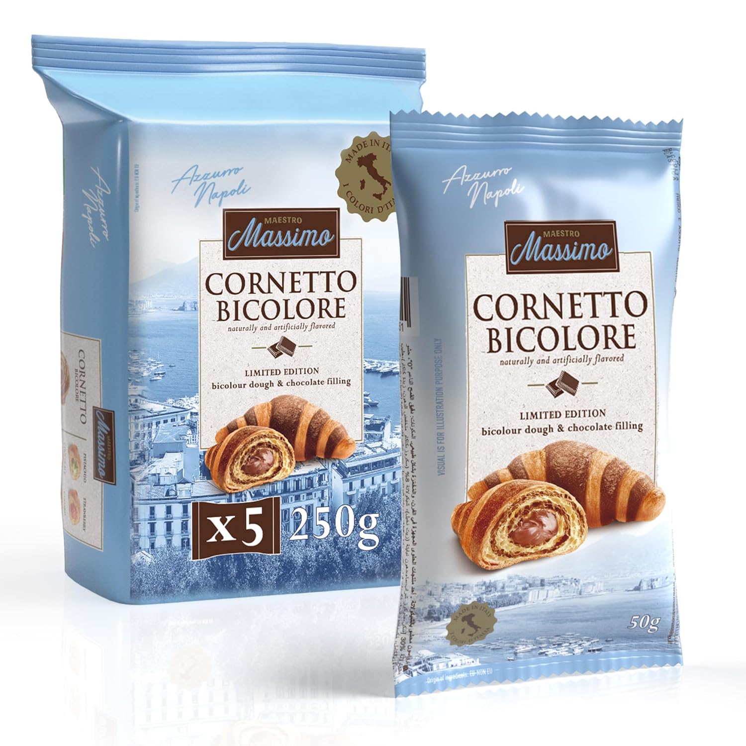 Maestro Massimo Cornetto Bicolore, Italian Croissant with Bicolour Dough and Chocolate Filling, Soft Italian Croissants, Bakery-Fresh Experience, Ready to Eat, Made in Italy, Pack of 5