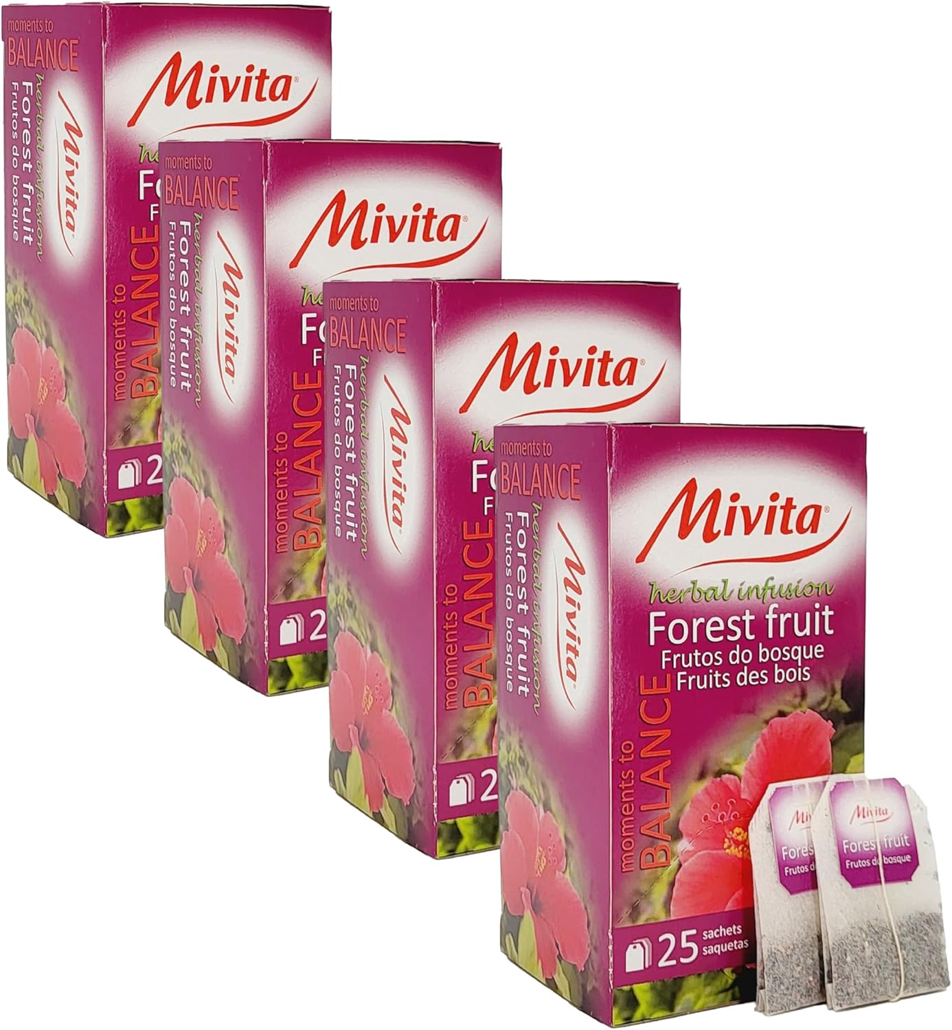Mivita Forest Fruit Infusion, pack of 4, total of 100 tea bags (25 each unit) – Made with beautiful hibiscus flowers and tasty forest fruits, naturally calorie-free (0 kcal)