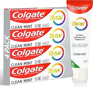 Colgate Total Clean Mint Toothpaste, 10 Benefits, No Trade-Offs, Freshens Breath, Whitens Teeth and Provides Sensitivity Relief, Clean Mint Flavor, 4 Pack, 5.1 Oz Tubes
