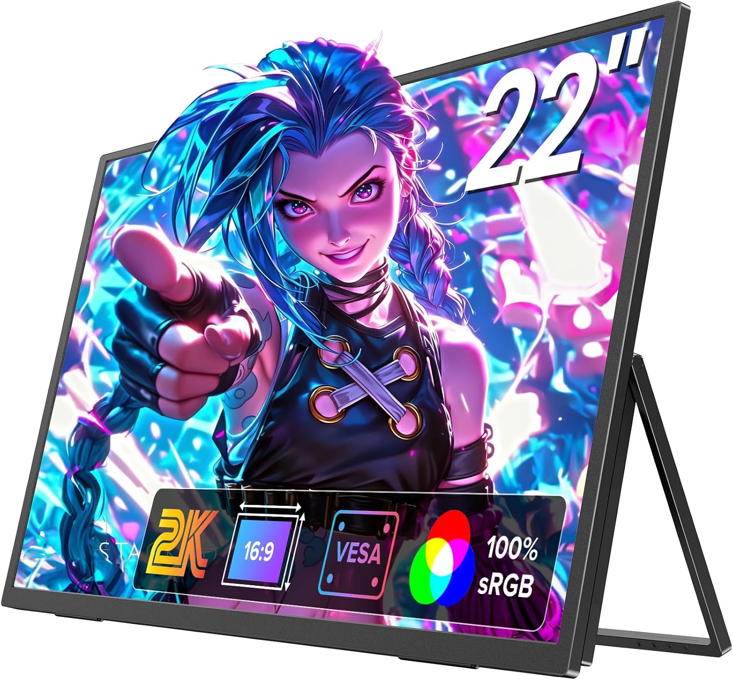 22" 2K Portable Monitor, 100% sRGB 2560 x 1440 Portable Screen, HDR Portable Gaming Monitor, Ultra-Narrow Bezel Design, Kickstand & Compatible with VESA, Portable Monitor for Laptop/PC/Xbox