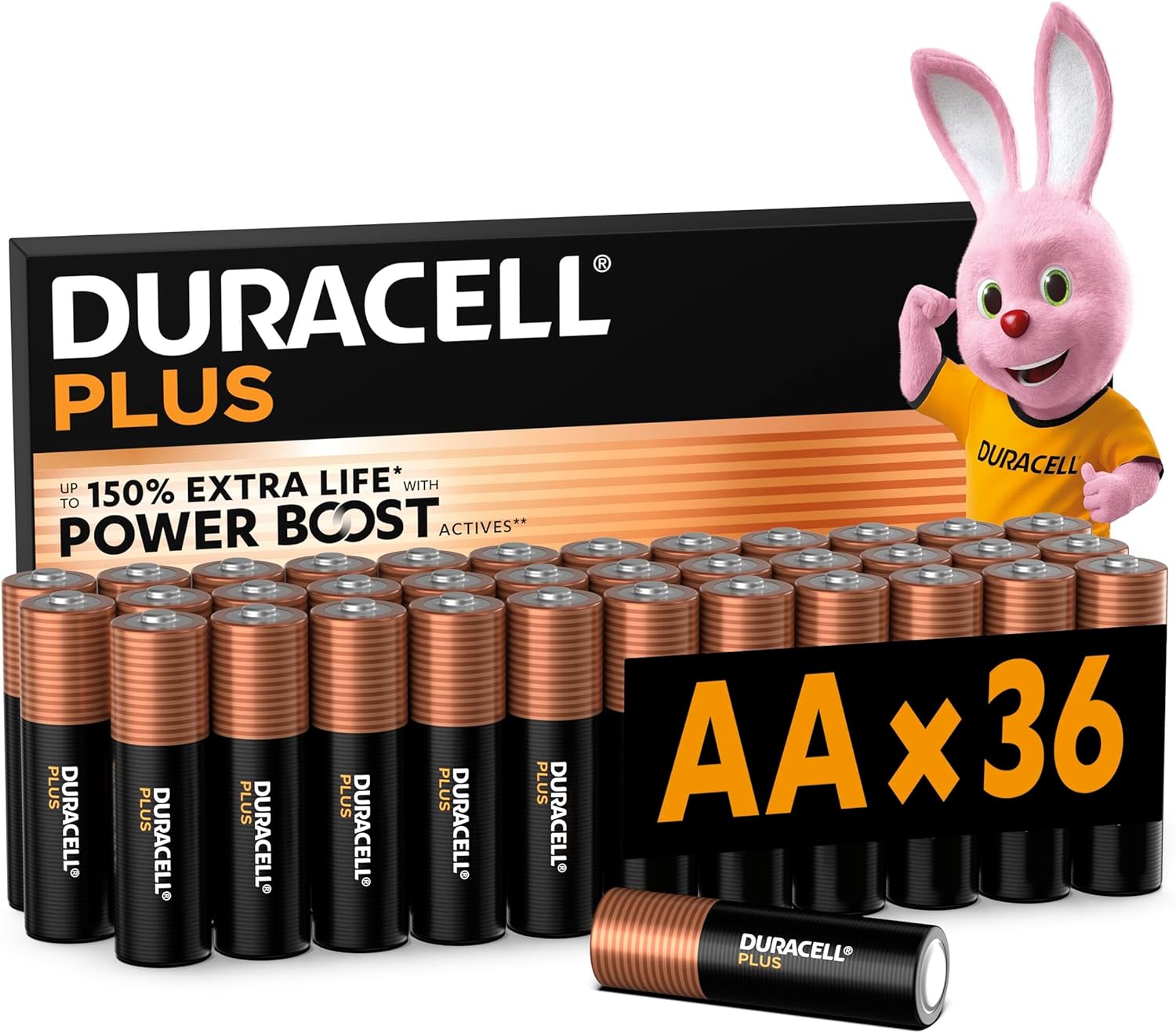DURACELL Plus AA Batteries (36 Pack) – Alkaline Batteries 1.5V – Up to 150% Extra Life with POWER BOOST Actives– Reliability For Everyday Devices – 0% Plastic Packaging – 10-Year Storage - MN1500