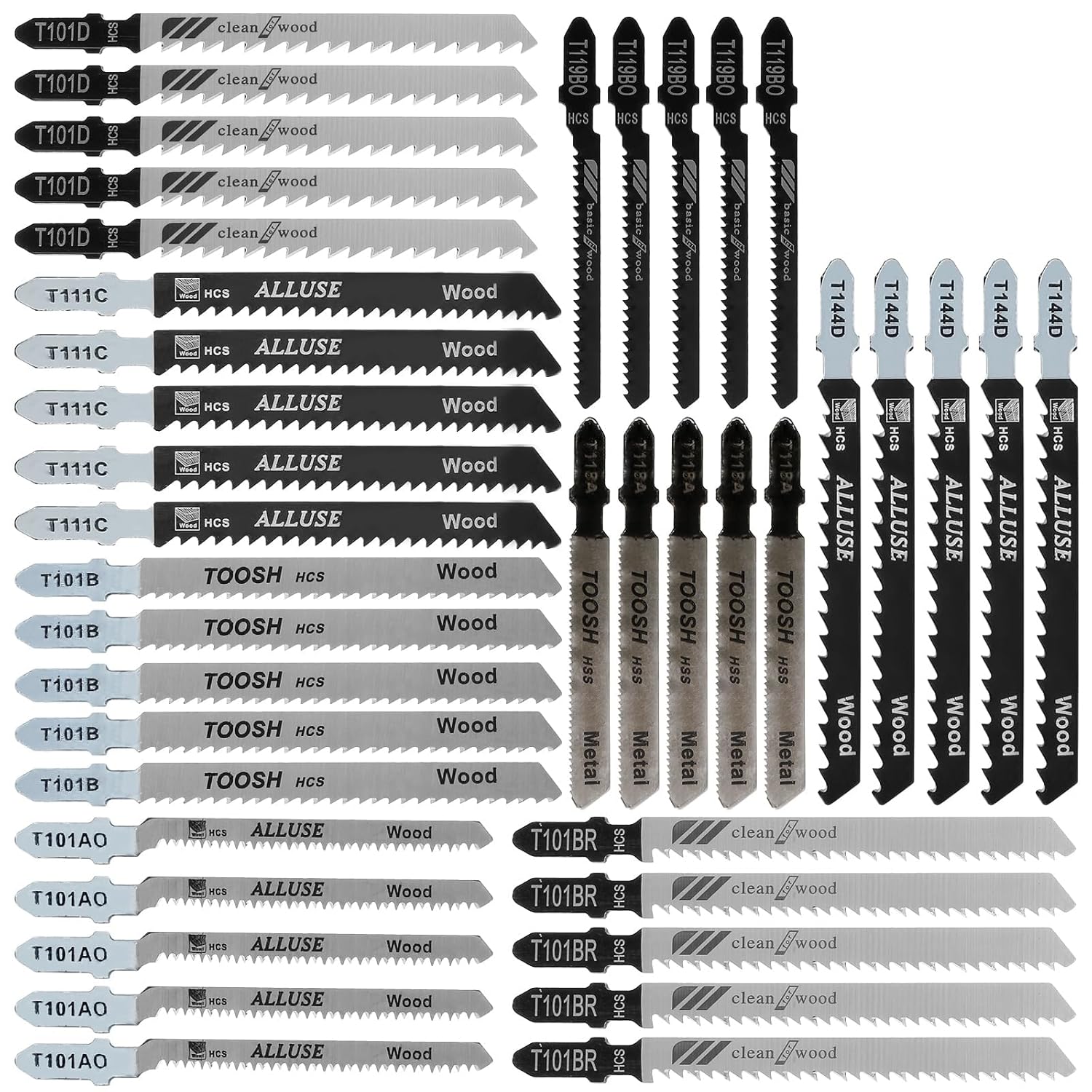 Ghopy 40Pcs Jigsaw Blades Set, T-Shank Jig Saw Blade Set Fast Cut HCS/HSS Jigsaw Blades for Wood Plastic and Metal Cutting Compatible with Bosch, Hitachi, Festool, Milwaukee
