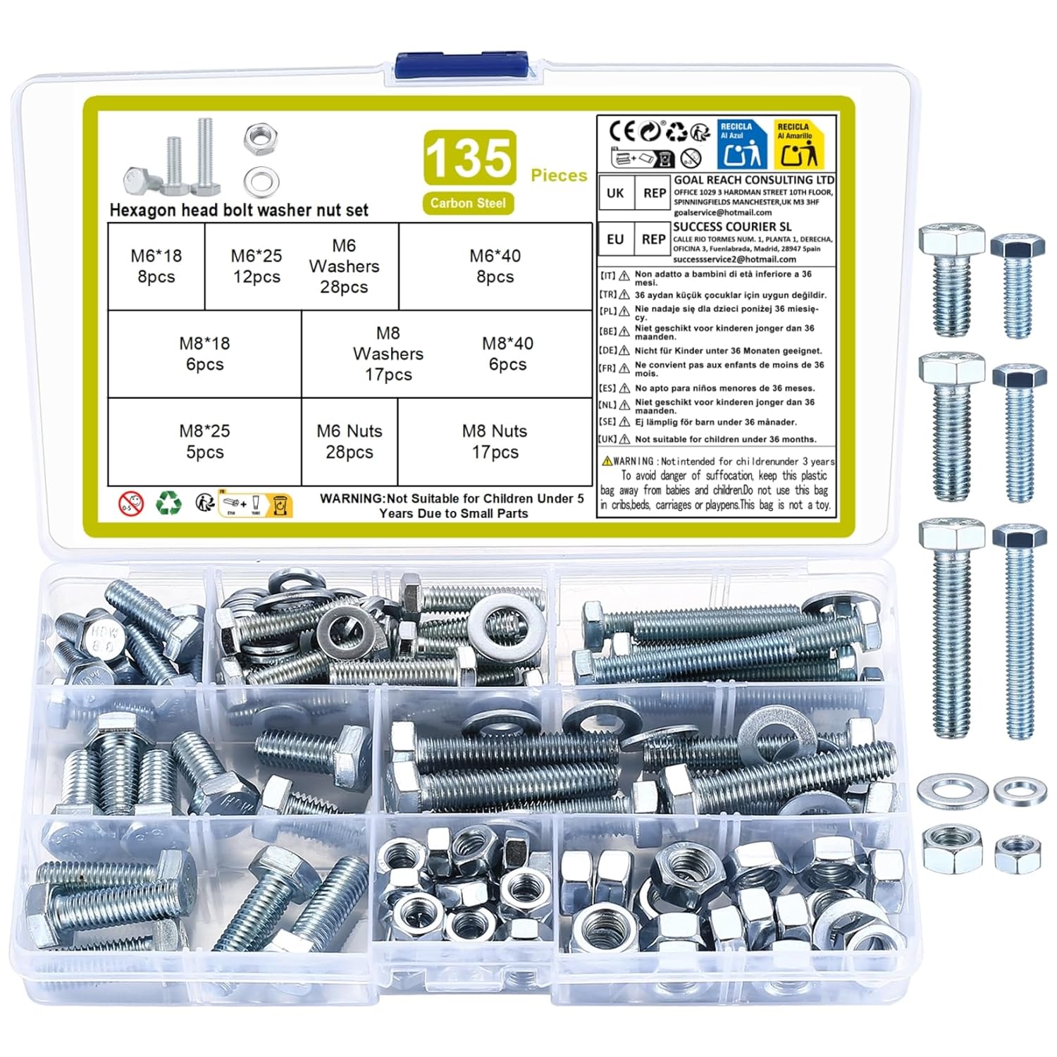 135 Pcs M6 M8 Hex Bolts and Nuts and Washers Set, Nuts and Bolts and Washers Assortment Kit, Carbon Steel Hex Head Assorted Machine Screws for Repair Maintenance