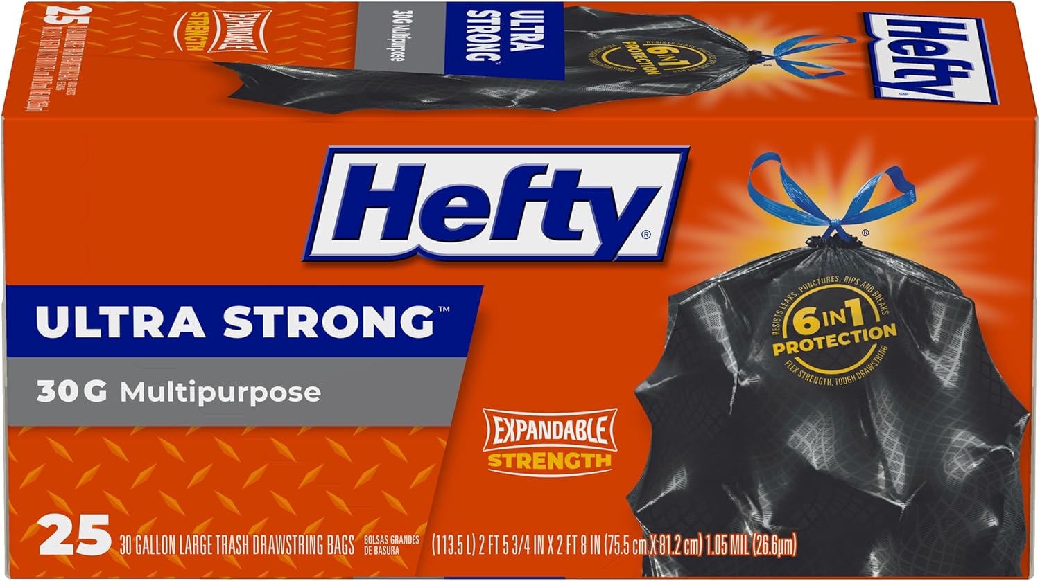Hefty Ultra Strong Multipurpose Large Trash Bags, Black, Unscented, 30 Gallon, 25 Count (Pack of 1)