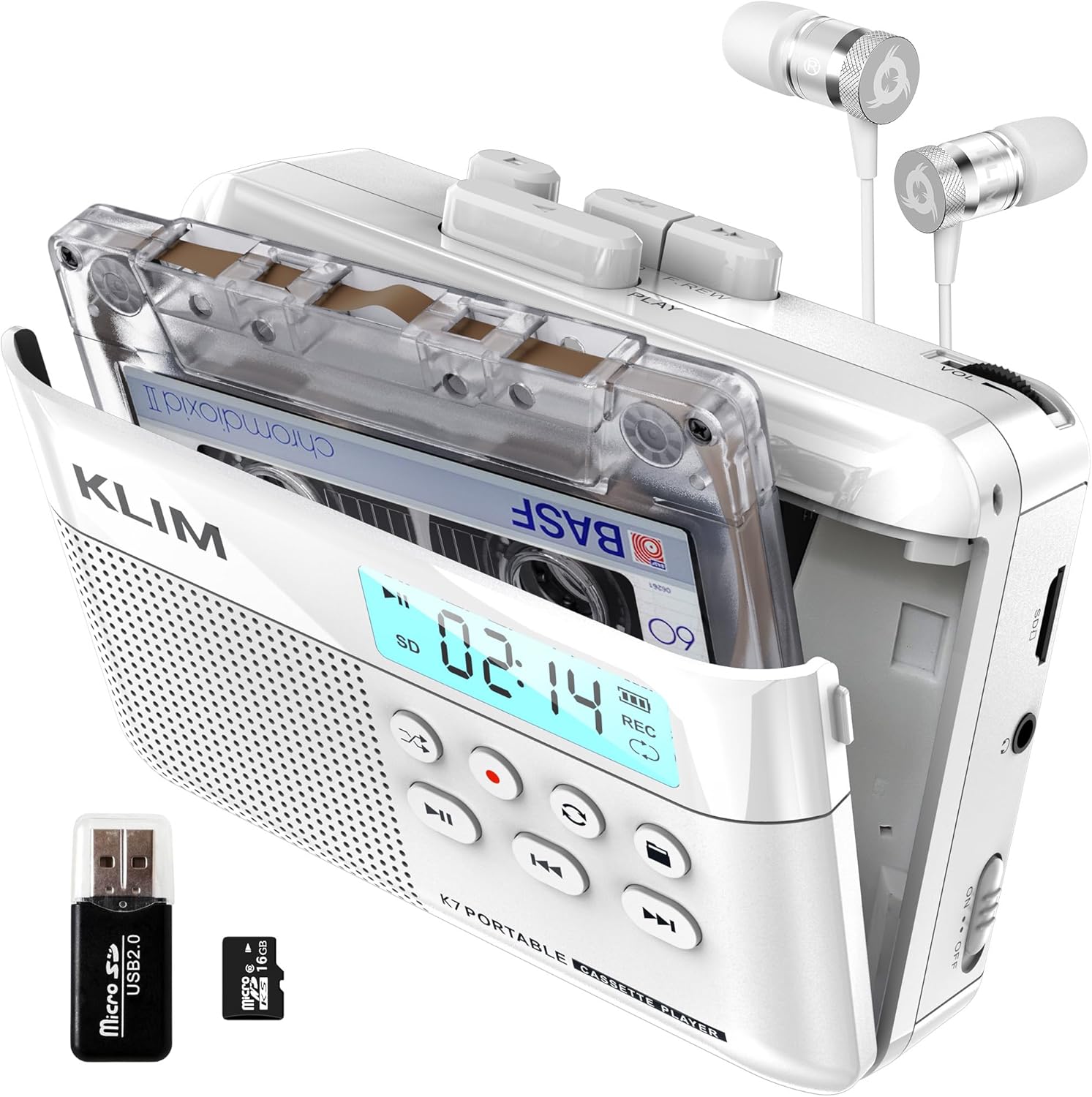 KLIM K7 Cassette Tape Player - Cassette to MP3 Converter - Portable Player - Tape Recorder with Built-in Microphone & Speaker - Rechargeable Battery - Earphones - 16GB SD Card - White