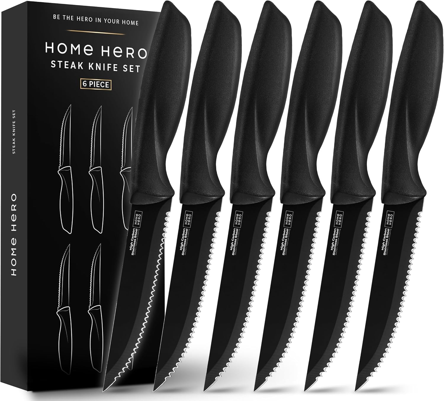 Home Hero Steak Knives, Razor-Sharp Steak Knives Set, High-Carbon Stainless Steel Steak Knife Set, Ergonomic Handles Serrated Knives for Precise Cutting (6 Pcs - Black)