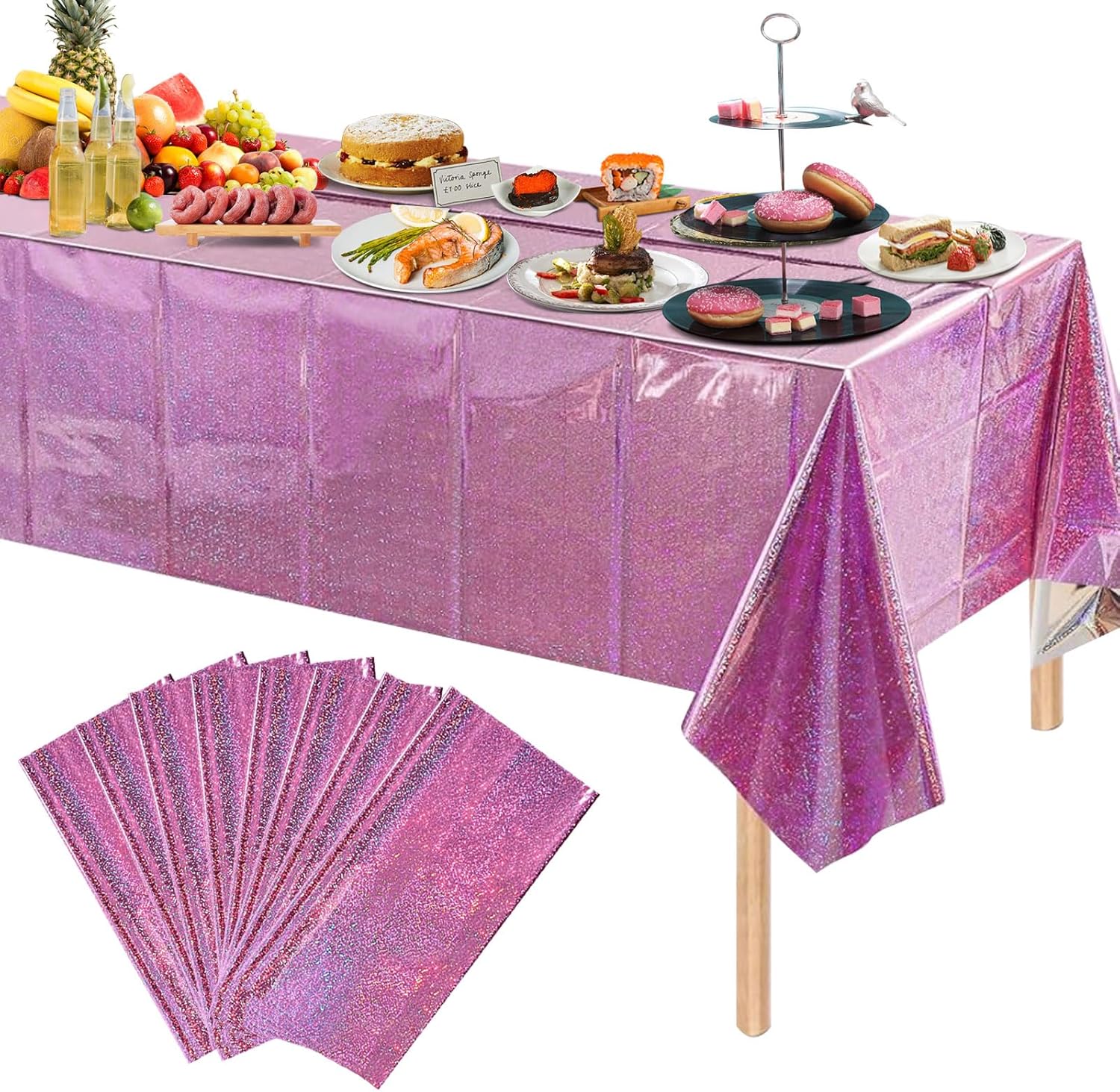 Plastic Table Cloth Cover for Parties Disposable Laser Rectangle Table Covers Foil Tablecloth Iridescent Party Decoration Birthday Bridal Wedding Christmas (Pink, 8)