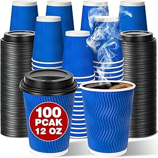 Ginkgo Disposable To Go Coffee Cups with Lids 12 oz 100 Pack, Double Wall Ripple Insulated Hot Coffee Cups - Blue