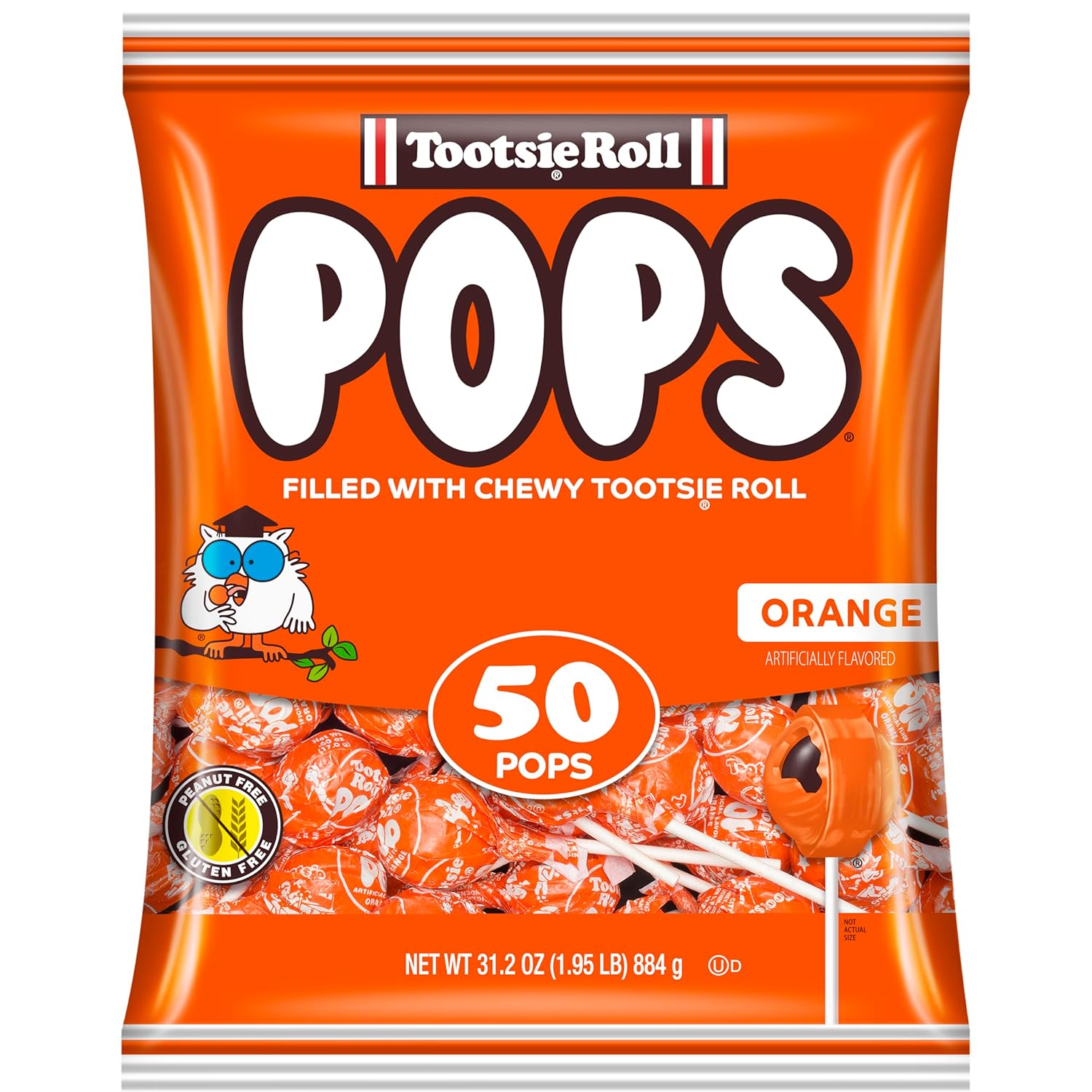 Tootsie Pops Single Flavor Bag - Orange Flavored Lollipops with Chocolatey Center - Individually Wrapped Hard Candy - Orange Candy - Peanut Free, Gluten Free, 50 Count (Pack of 1)