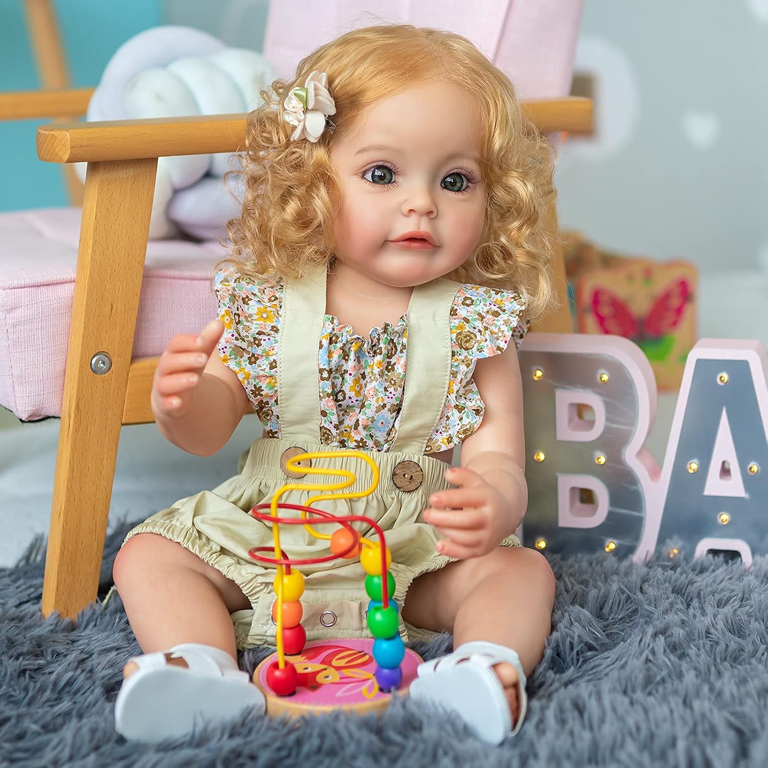 Pinky Reborn 22 Inch Reborn Baby Dolls Soft Silicone Vinyl Lifelike Toddler Dolls with Blonde Hair Washable Girls Toy Best Birthday for Kids Age 3+