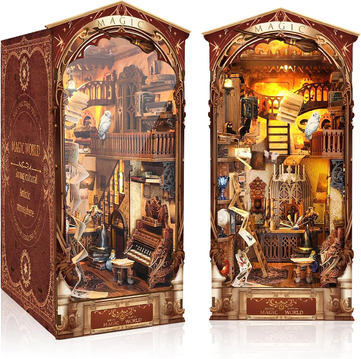 RONSTONE DIY Magic World Book Nook Kit - Mini Dollhouse Booknook Bookshelf Insert Decor - 3D Wooden Puzzles with LED Light and Dust Cover - Creative Gift Home Decoration for Adults 14+