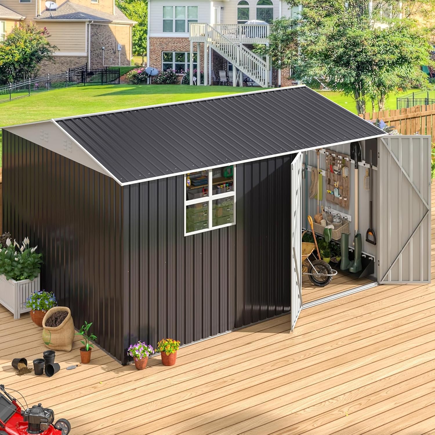 10X12 FT Outdoor Storage Shed, Metal Garden Shed with Updated Lockable Doors and Frame Structure, Large Tool Sheds for Backyard Garden Patio Lawn,Black