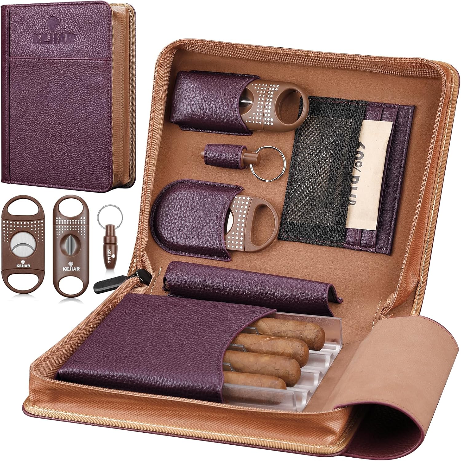 Travel Cigar Humidor Set, Humidor Cigar Box with V Cutter, Straight Cutter, Hole Puncher, Two-Way Humidity Control Packs, Leather Holder Case with Cigar Accessories Kit (Purple)