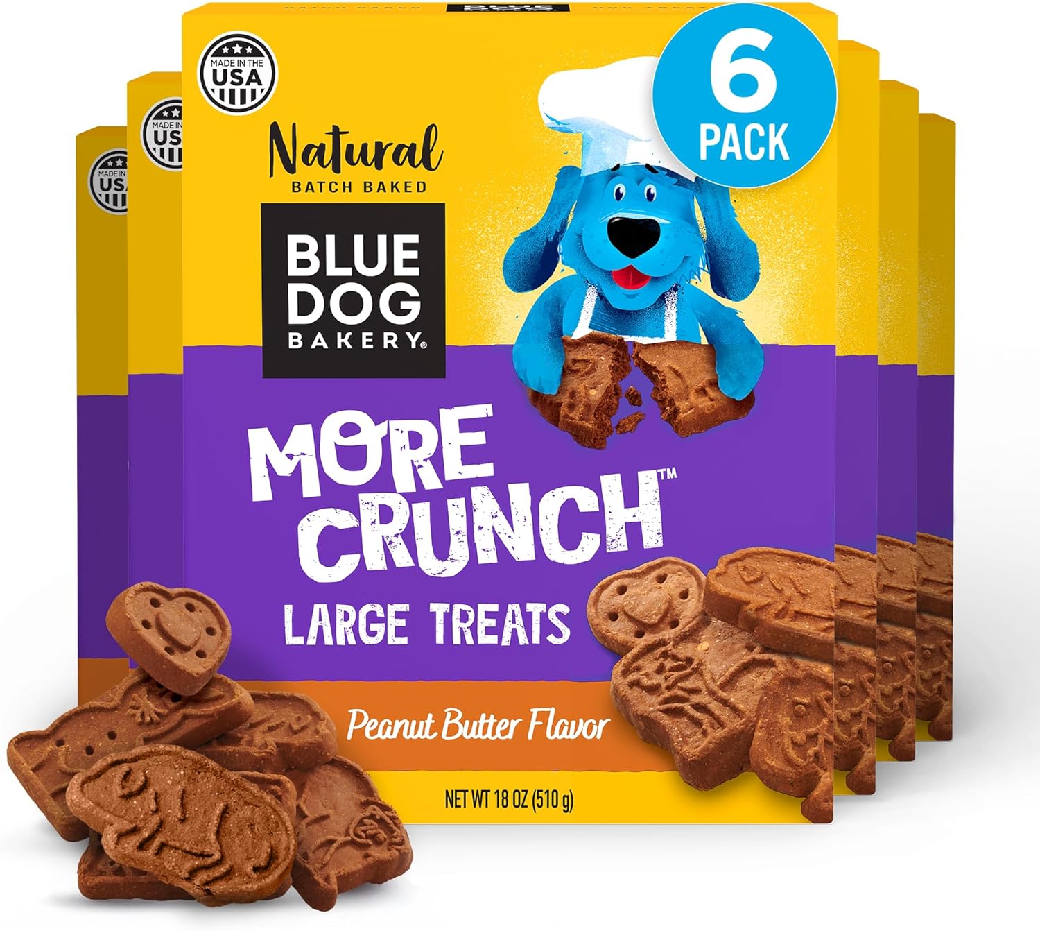 Blue Dog Bakery More Crunch Biscuits | Large, Crunchy Peanut Butter Flavor Treat | Natural Healthy Dog Treats - 18 oz (Pack of 6)