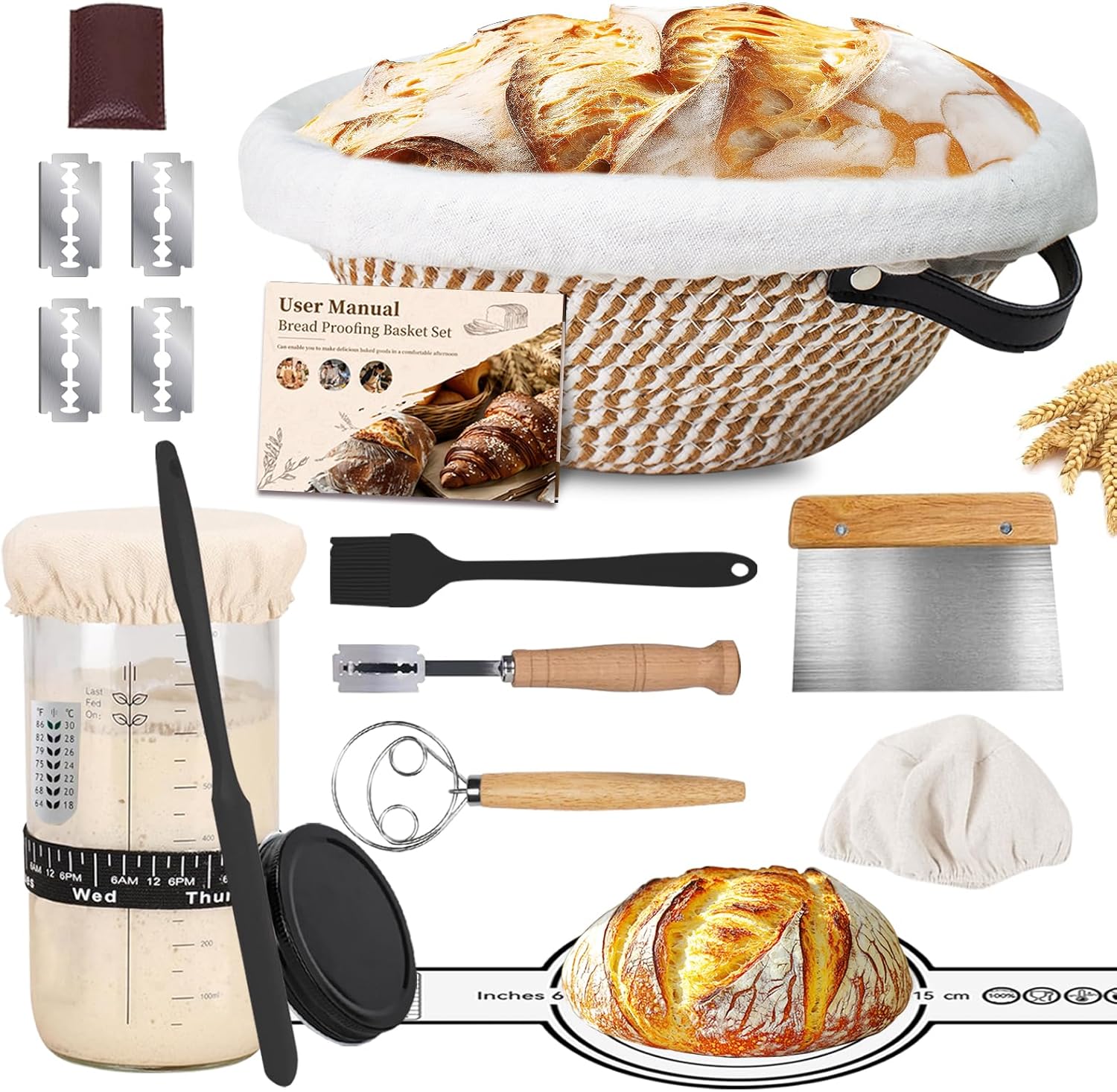Sourdough Starter Kit,Banneton Bread Proofing Basket 10Inch Round,Sourdough Bread Baking Supplies With Starter Jar,Bread Sling,Lame,Danish Dough Whisk Sourdough Kit Gifts for Bakers Women Wife Mom