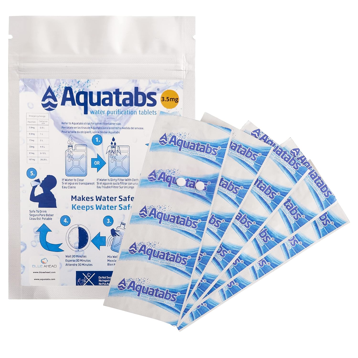 Water Purification Tablets 3.5 MG x 50, Water Filter System for Drinking While Hiking, Backpacking, Camping, Emergencies, Survival Kits, and Home-Use.1 Tablet Cleans 500ml - 1 litre (1)