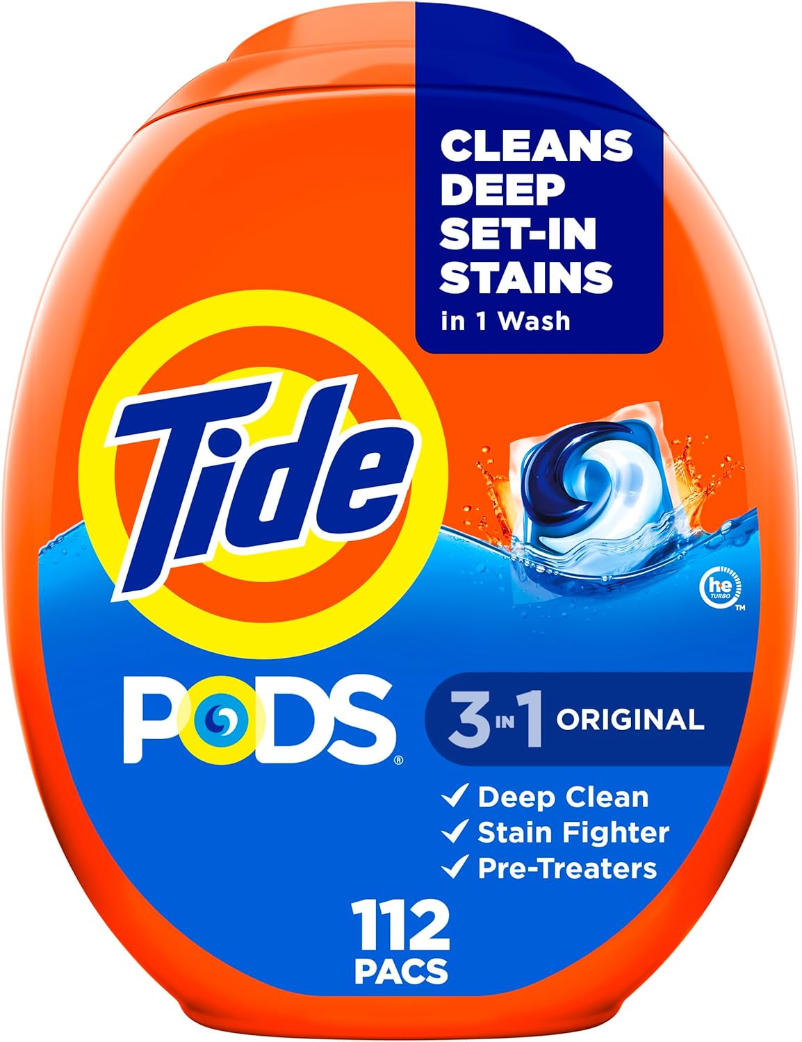Tide PODS Laundry Detergent Pacs, 3-in-1 Stain Remover, Odor Fighter, Color Protector, 112 Count, HE compatible, Original Scent