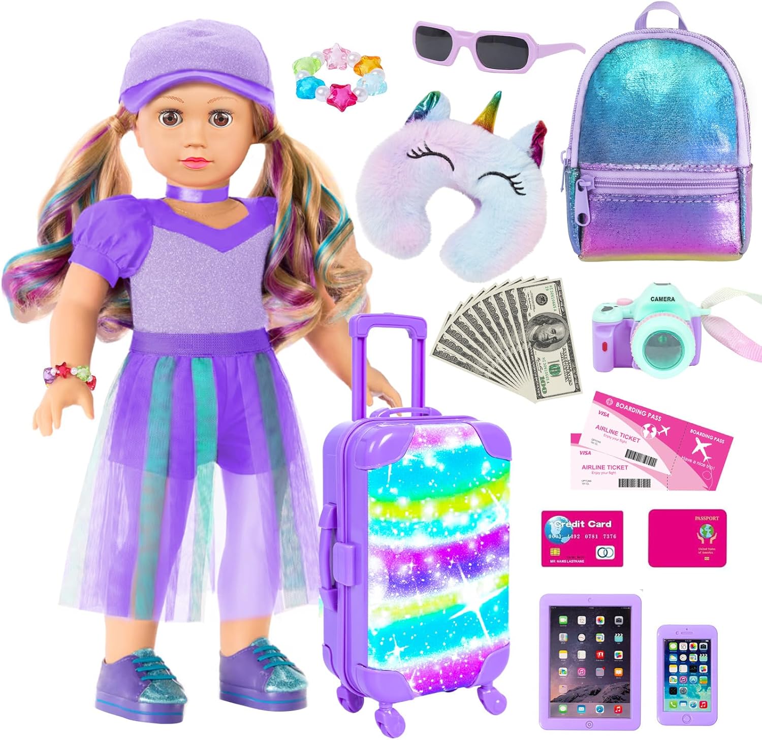 ZQDOLL American 18 Inch Doll Accessories and Clothes Travel Suitcase Set,Luggage Play Set for 18" Dolls Include Backpack Pillow Sunglasses Camera and Other Stuffs Toy Gift for Kids(No Doll & Shoes)