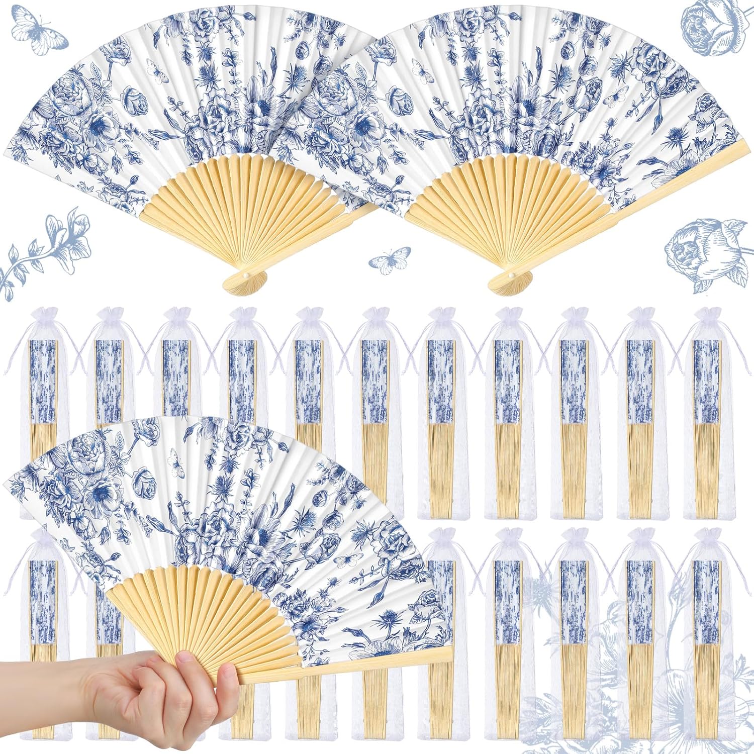 25 Sets Blue Floral Hand Folding Fans with Organza Bags Bulk Blue Flower Wedding Favors for Guests Vintage Foldable Paper Fans for Bridal Shower Wedding Bridesmaid Thank You Gift Decorations