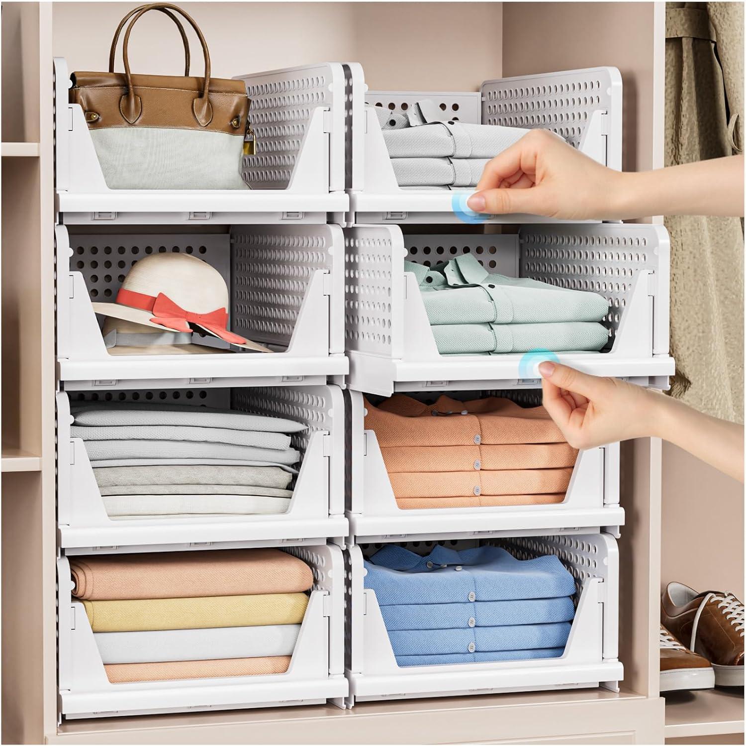 4 Pack Stackable Closet Storage Basket - Stackable Storage Bins, Multifunctional & Foldable Closet Organizer, Wardrobe Cupboard Space-Saving Clothes Storage Hat Organizer, White