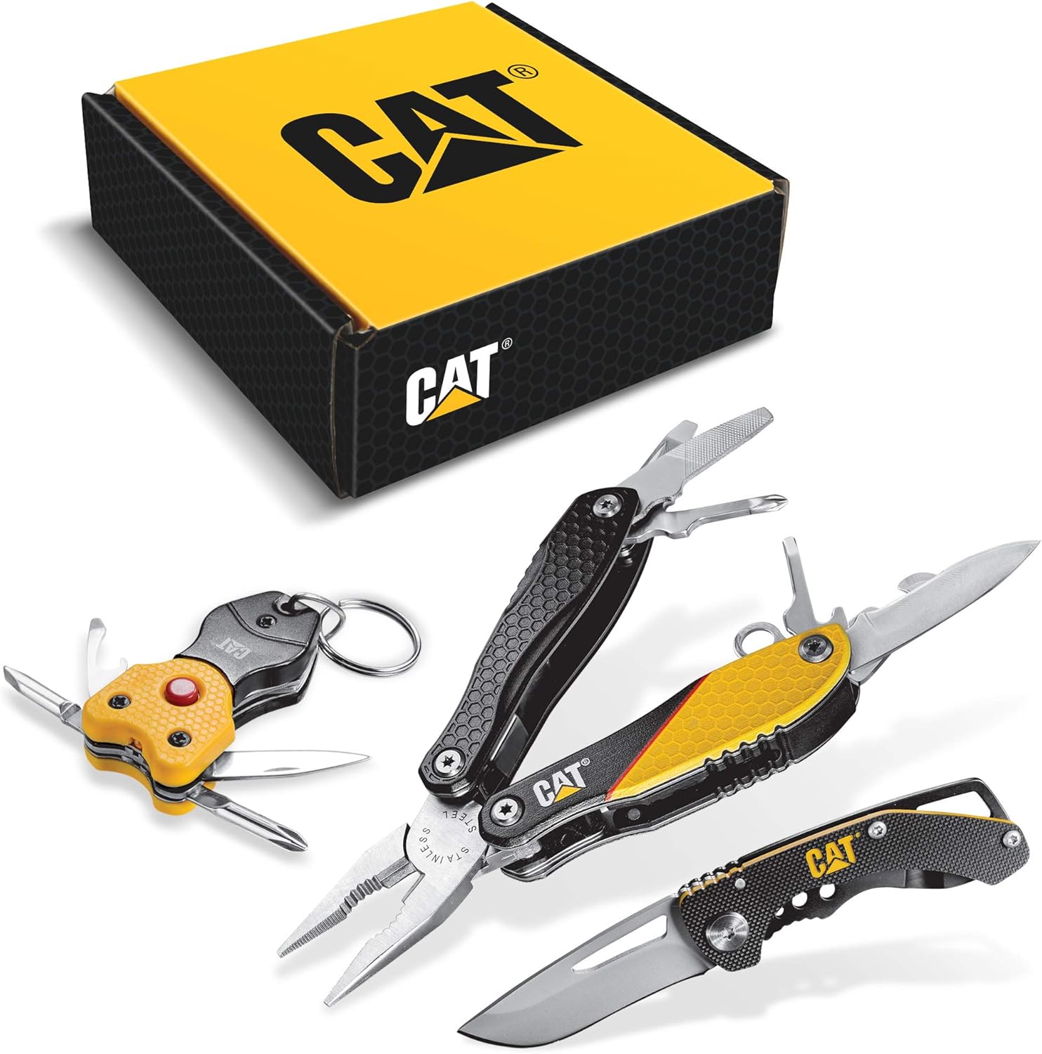 Cat 3 Piece 12-in-1 Multi-Tool, Knife, and Multi-Tool Key Chain Gift Box Set - 240192 , Yellow