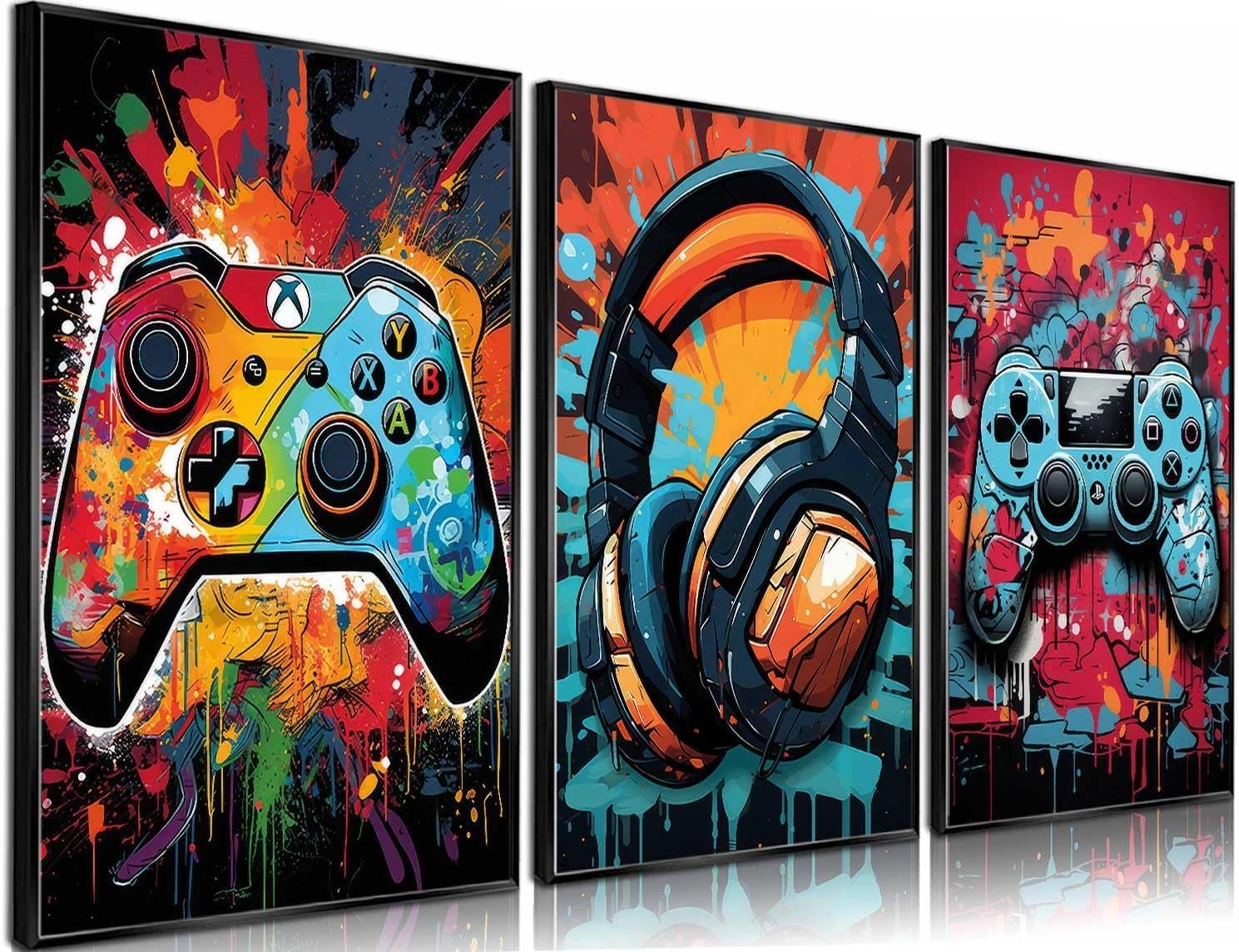 NBYARTQ 3Pcs Cool Gaming Wall Art Retro Video Game watercolor Posters Pictures Colorful Neon Gamepad Canvas Painting Prints for Boys Room Kids Bedroom Home Decoration 12x16in Unframed