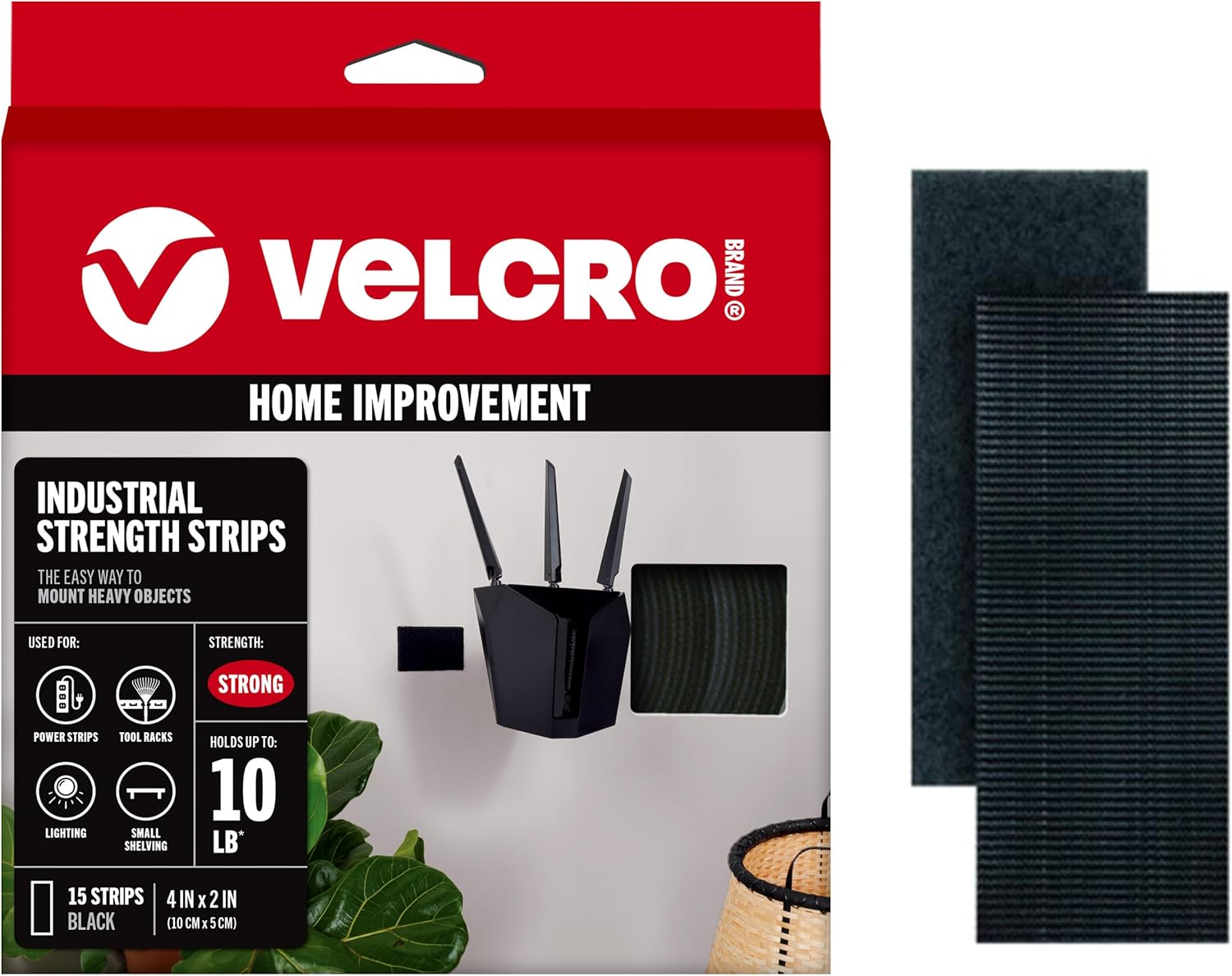 VELCRO Brand Heavy Duty Strips with Adhesive | 15 Sets Industrial Strength Mounting Tape | 4x2 Inch Wide Fasteners | Holds 10 lbs | Indoor or Outdoor Use, Black (VEL40020-USA)