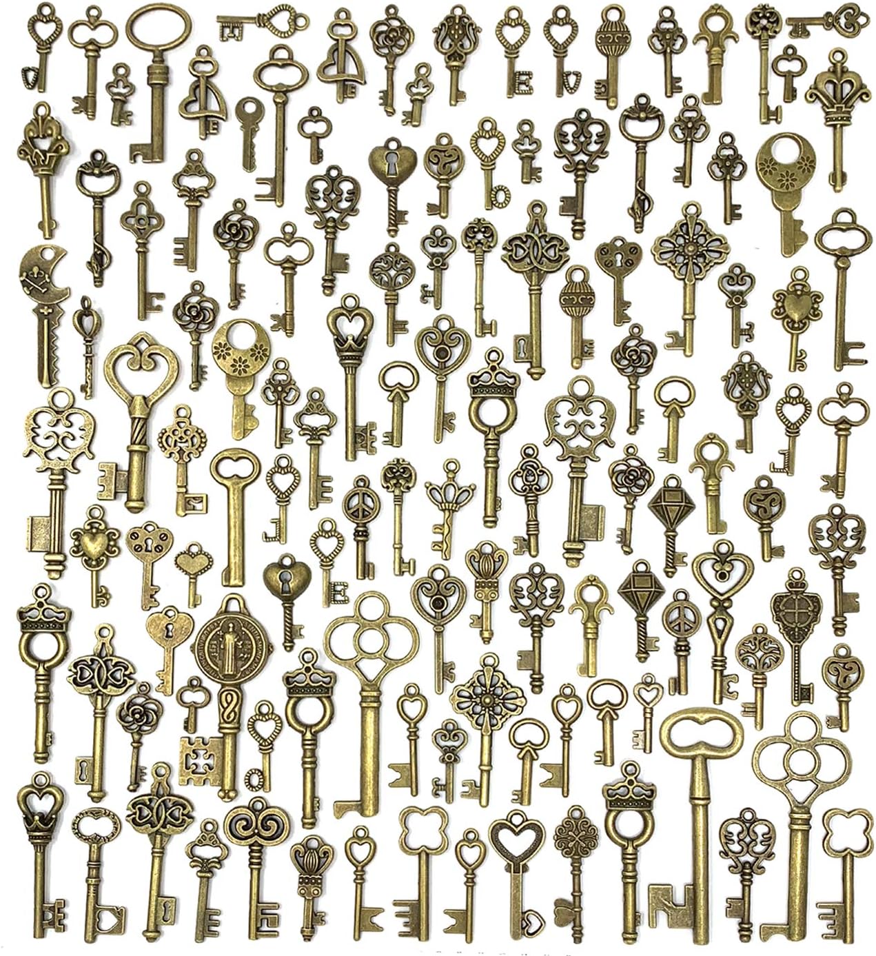 125 PCS Vintage Skeleton Key Set Charms, JIALEEY Mixed Antique Style Bronze Brass for Pendant DIY Jewelry Making Wedding Party Favors